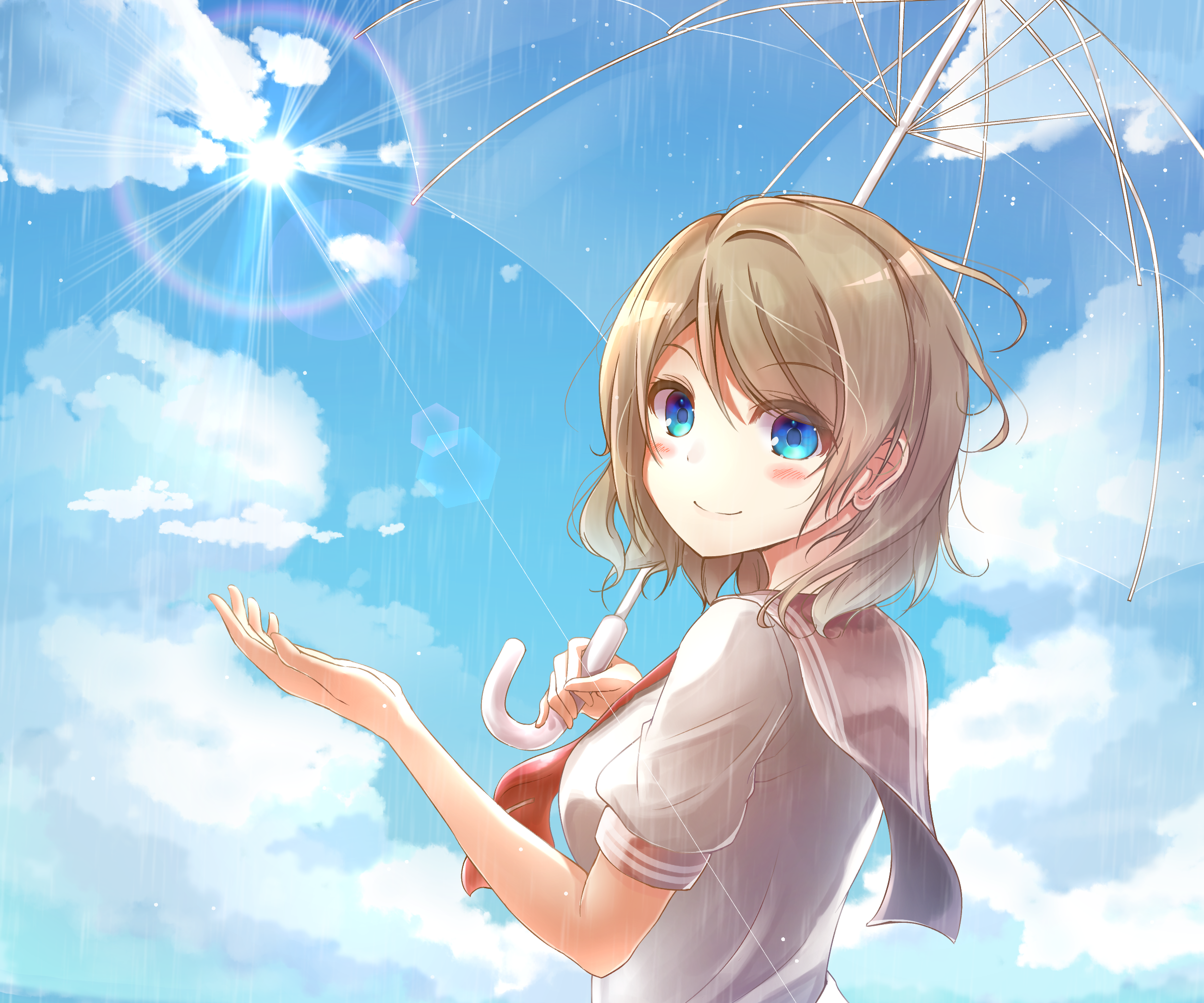 You Watanabe from Love Live! Sunshine!! holding an umbrella in the rain HD Wallpaper