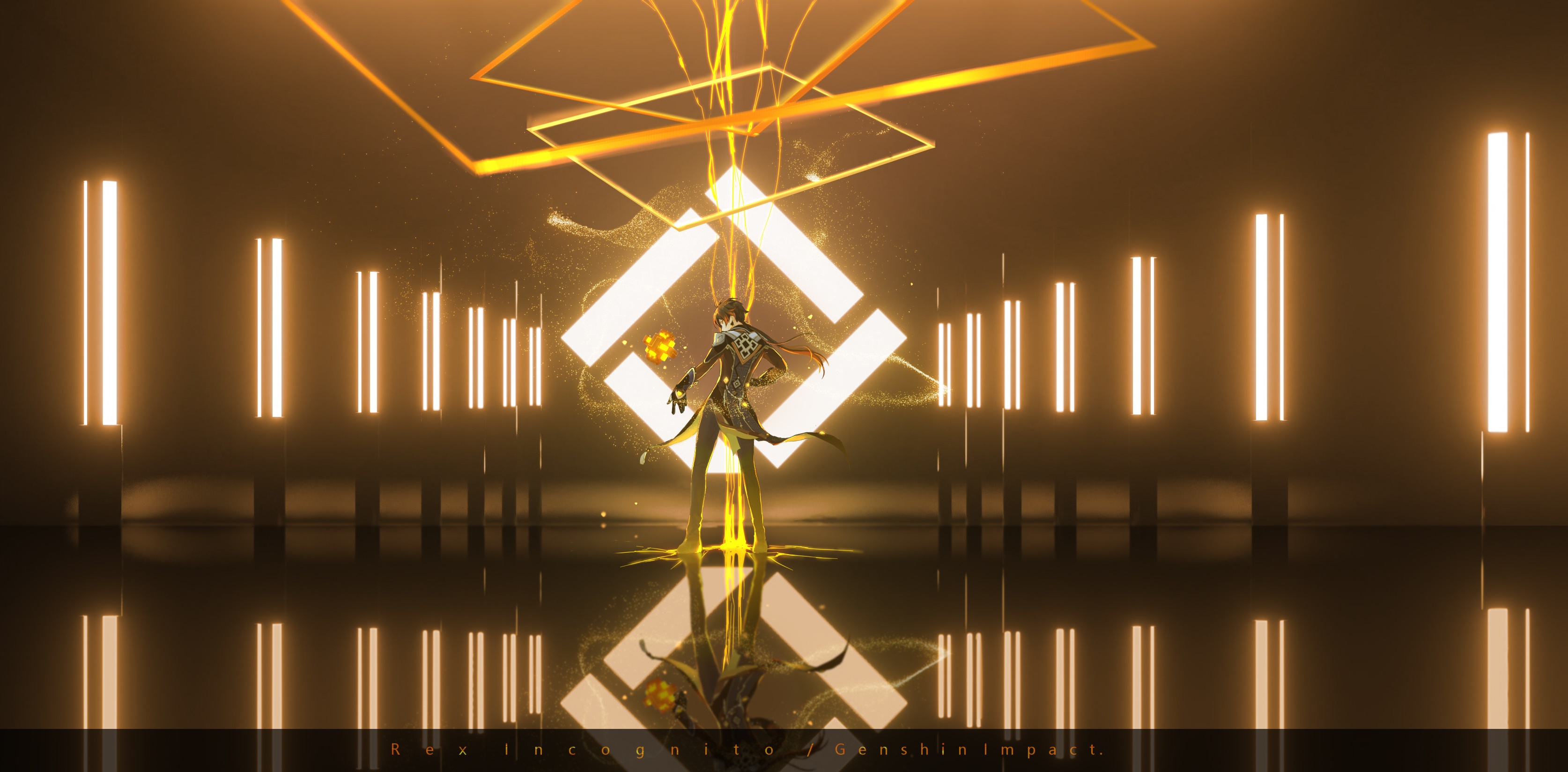 Zhongli from Genshin Impact in a golden chamber HD Wallpaper
