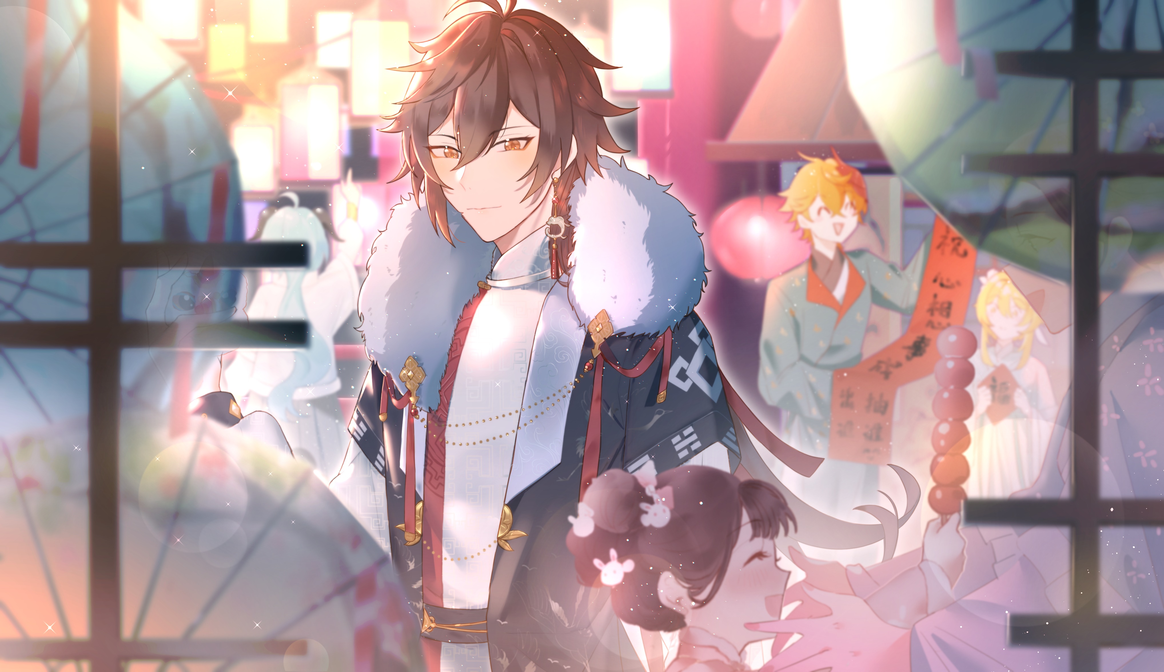 Zhongli and friends celebrating Lunar New Year in Genshin Impact 4K HD Wallpaper