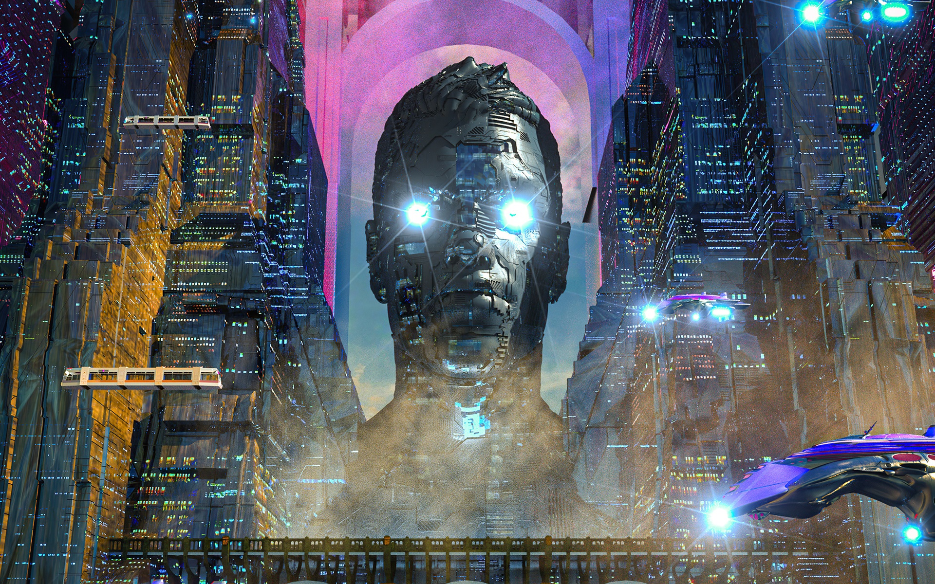 Futuristic Sci-Fi City with Giant Statue HD Wallpaper