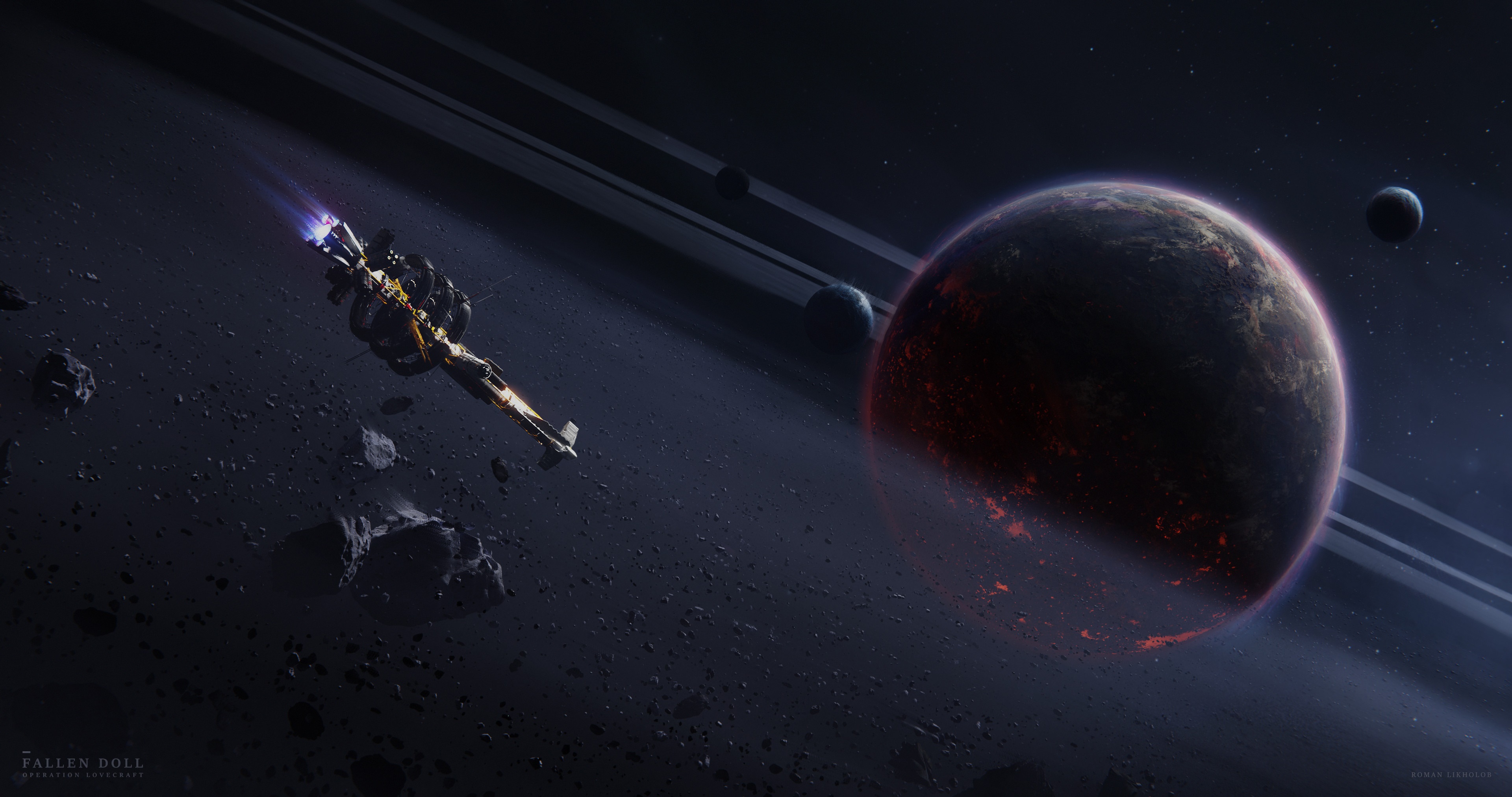 Sci-Fi Spaceship near Ringed Planet HD Wallpaper