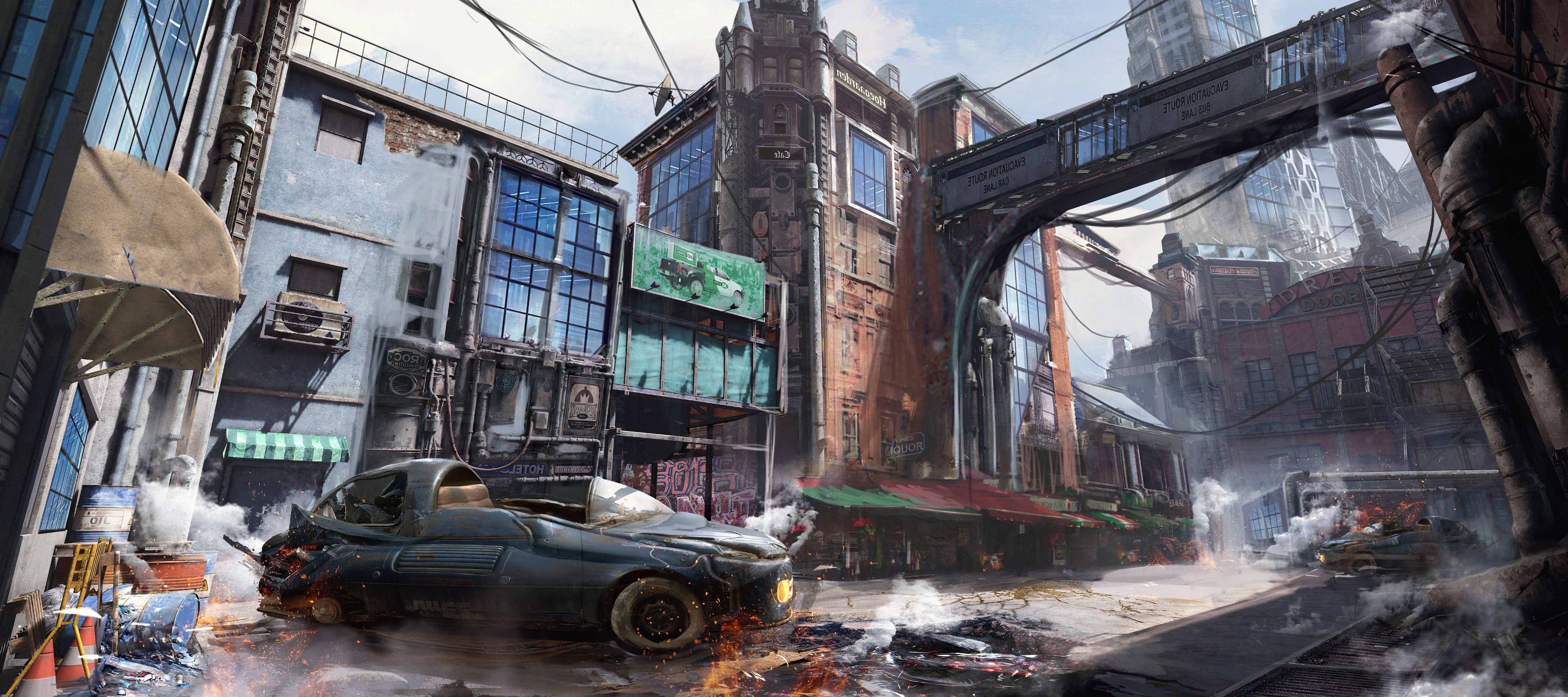 Sci Fi Futuristic Cityscape with Damaged Car HD Wallpaper