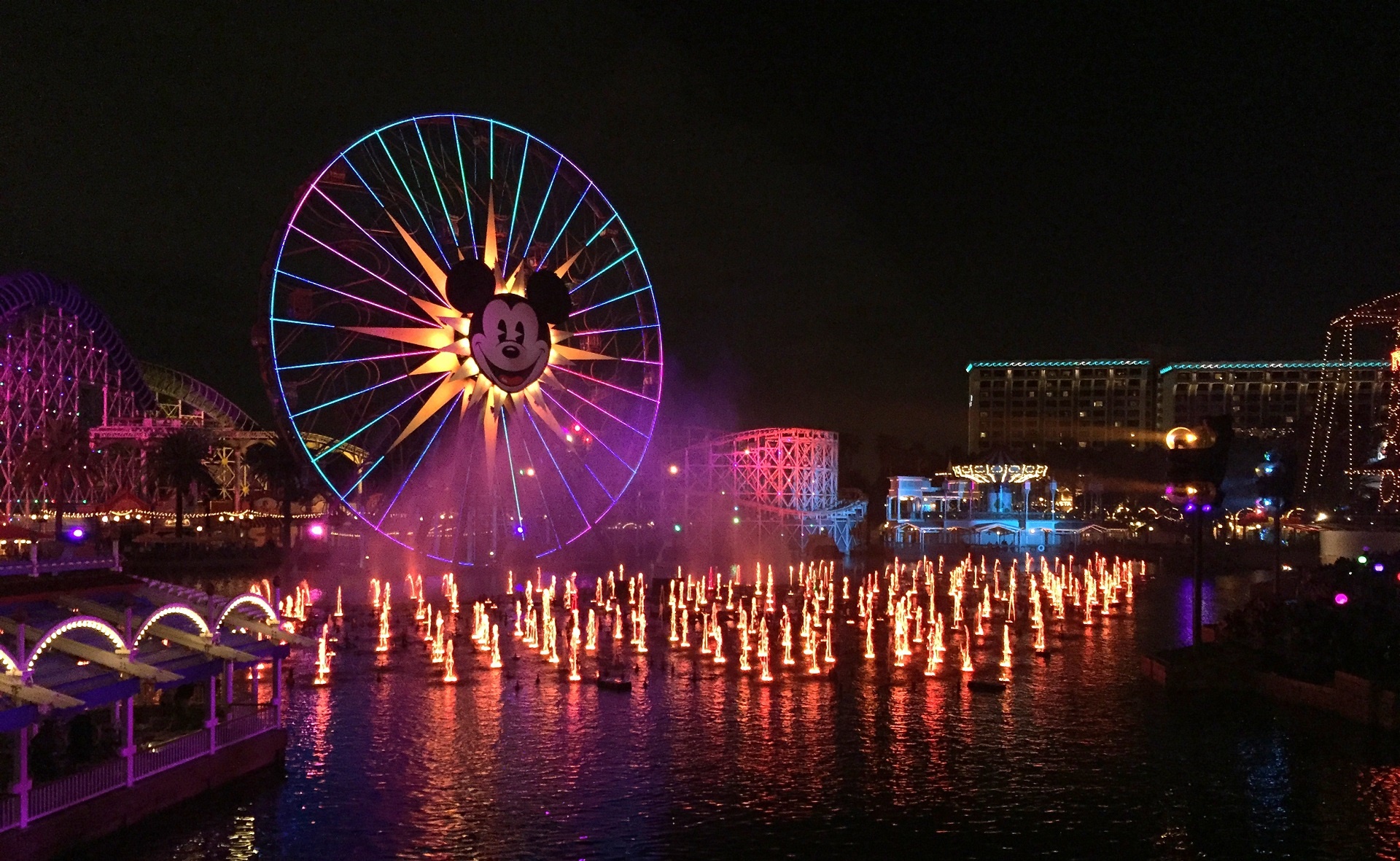 Mickey's Fun Wheel and Fountain Show at Night HD Wallpaper