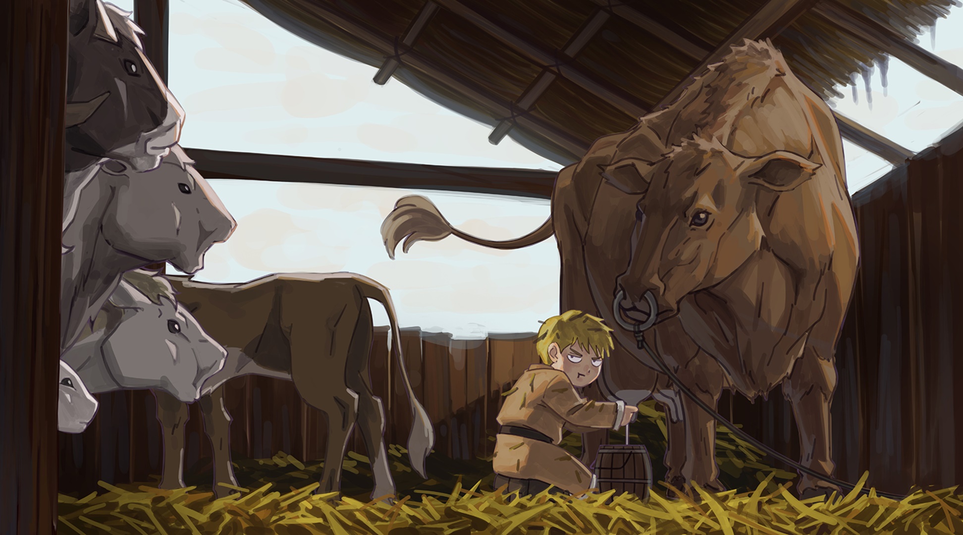 Thorfinn milking cows in a barn HD Wallpaper