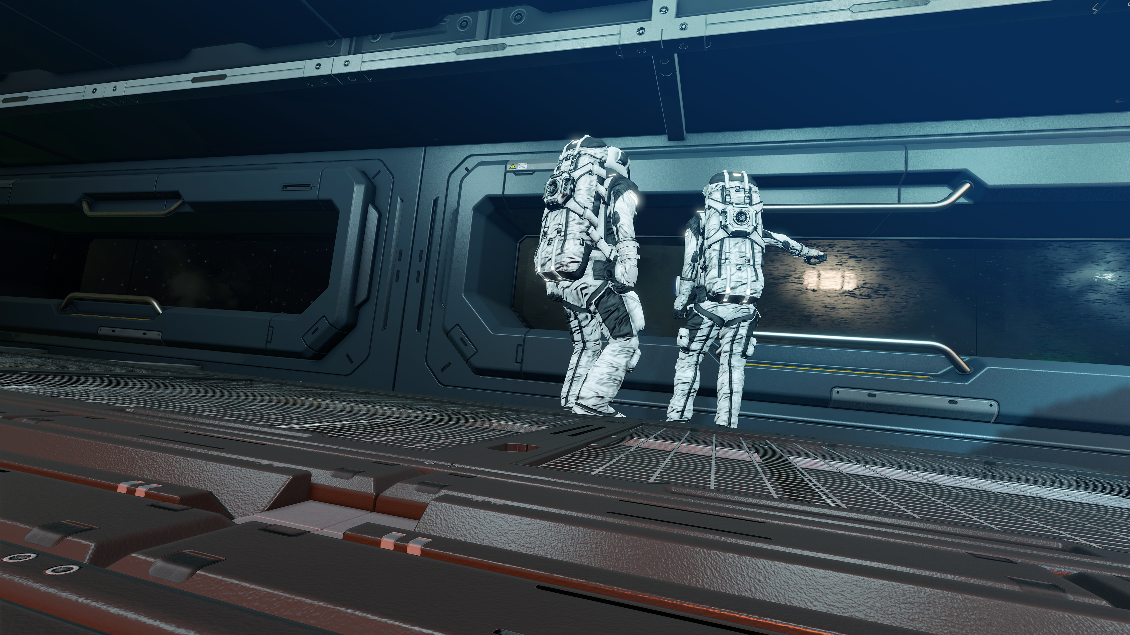 Astronauts in a spaceship corridor in Space Engineers 4K HD Wallpaper