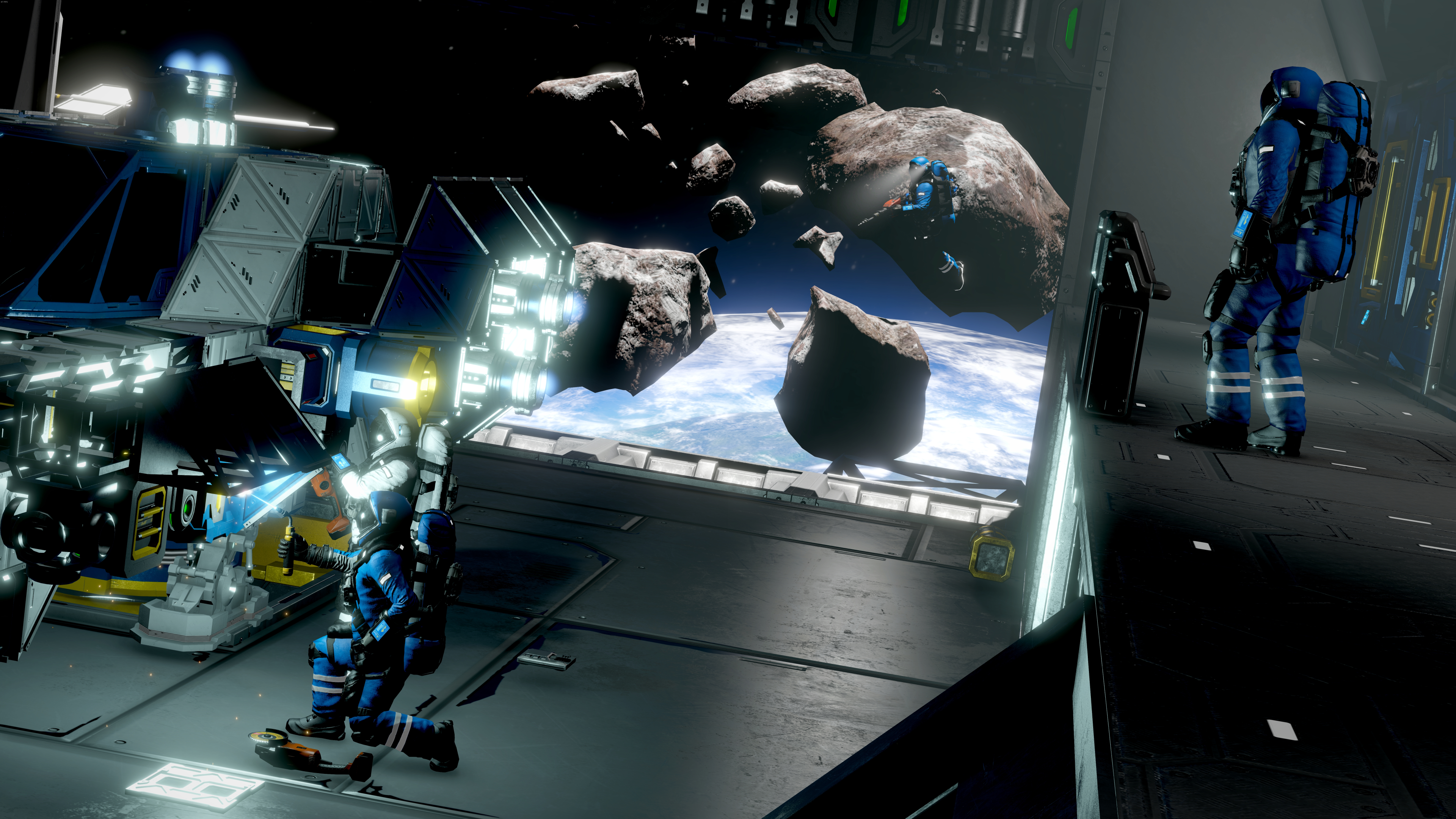 Astronauts working on a spaceship near asteroids and Earth HD Wallpaper