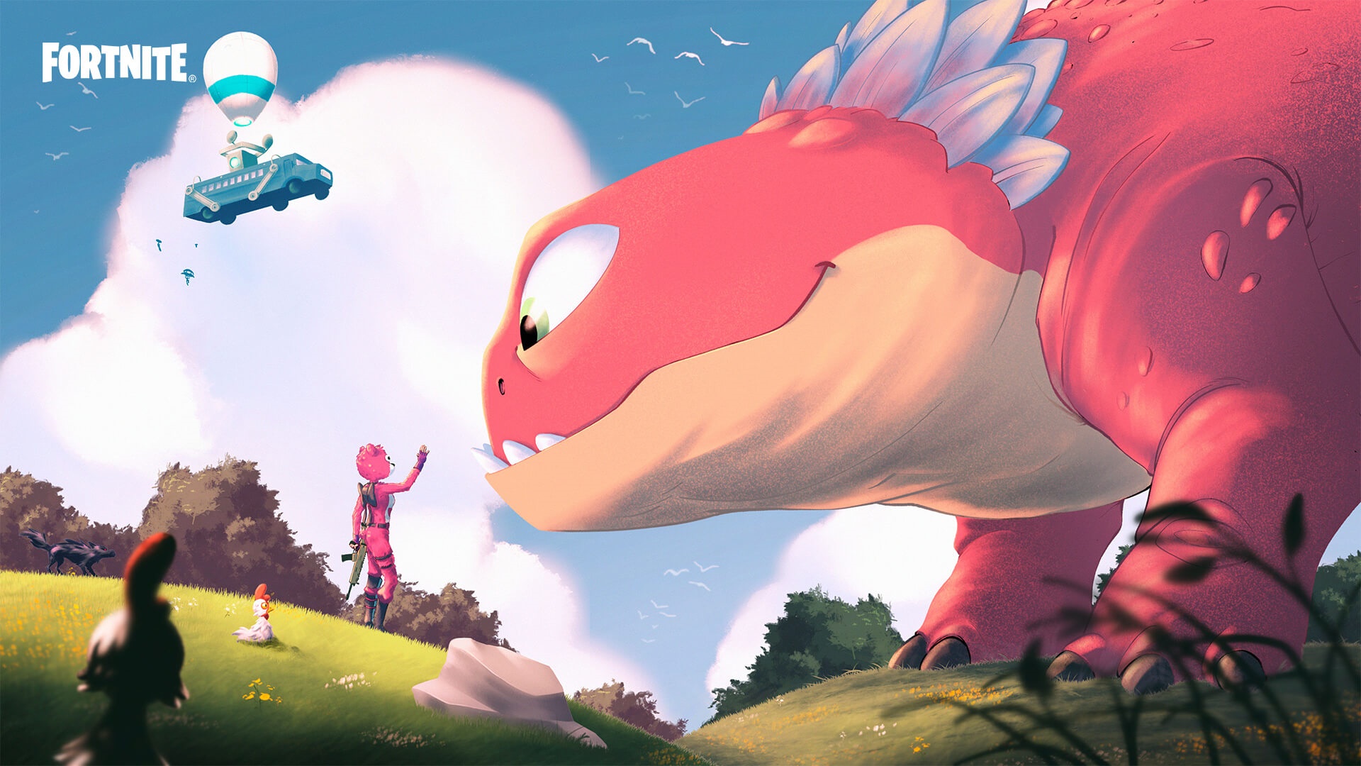 Fortnite: Giant Dinosaur and Player in a Field HD Wallpaper
