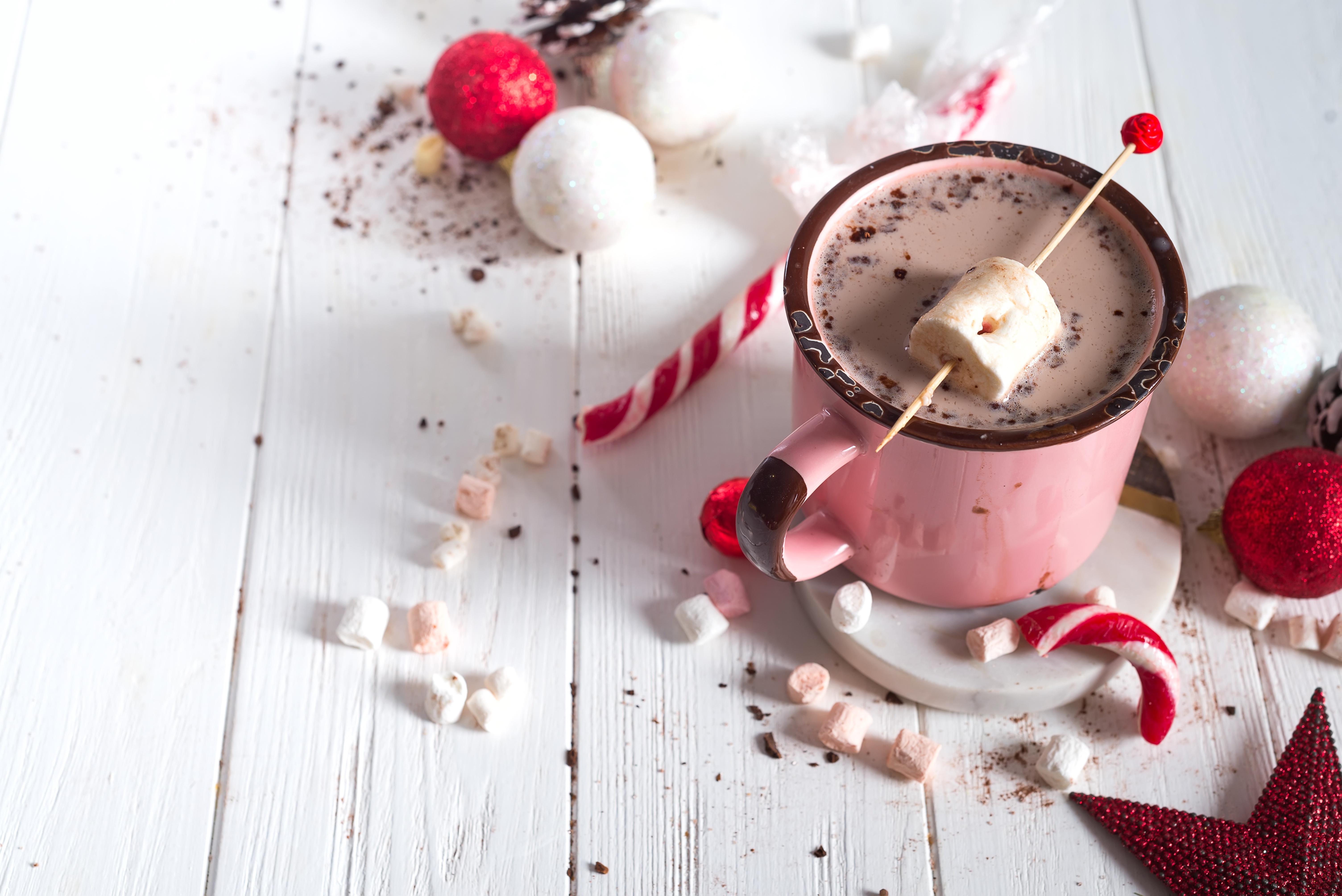 Hot Chocolate in a Pink Mug with Christmas Decorations HD Wallpaper