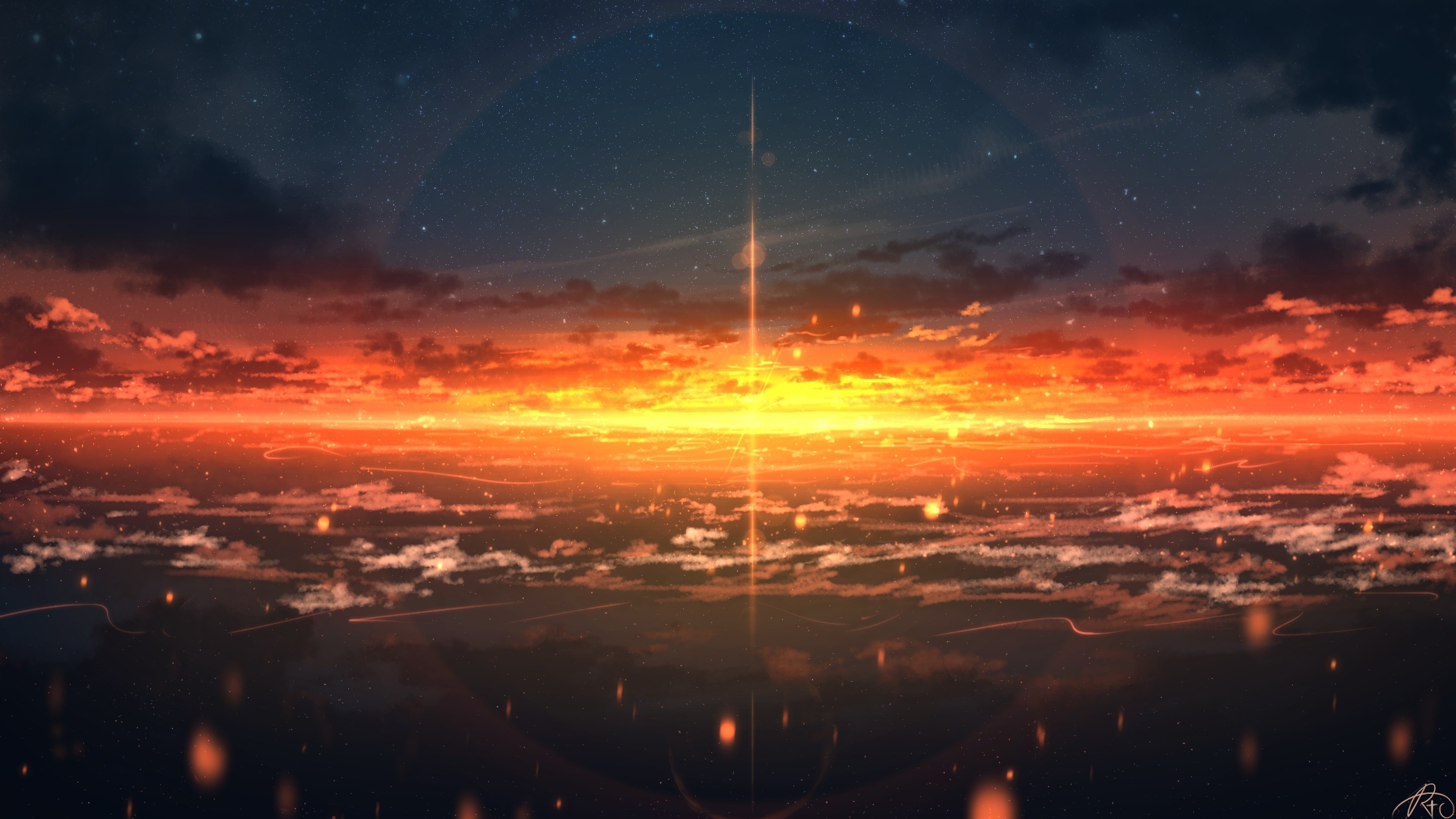 Sunset over the ocean with glowing lights HD Wallpaper