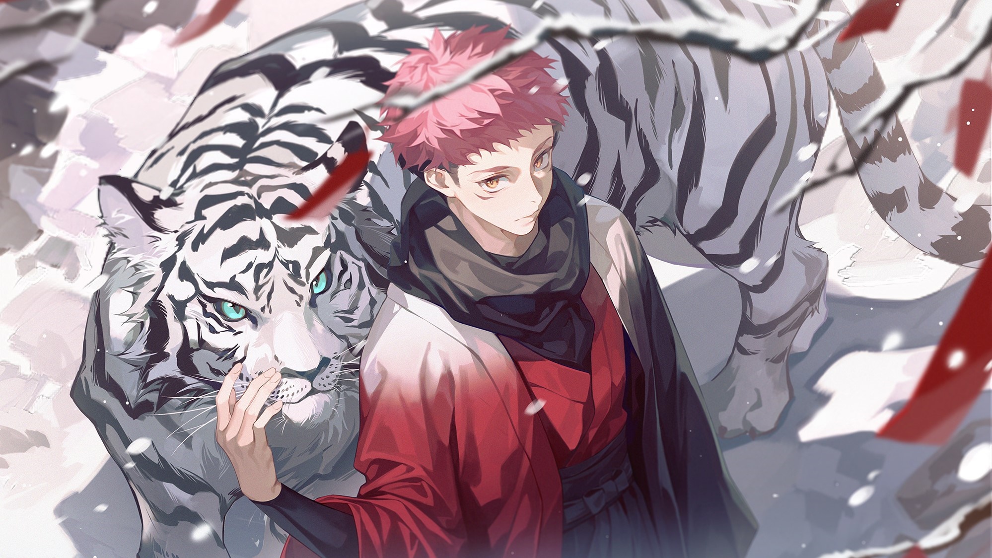 Yuji Itadori with a white tiger from Jujutsu Kaisen HD Wallpaper