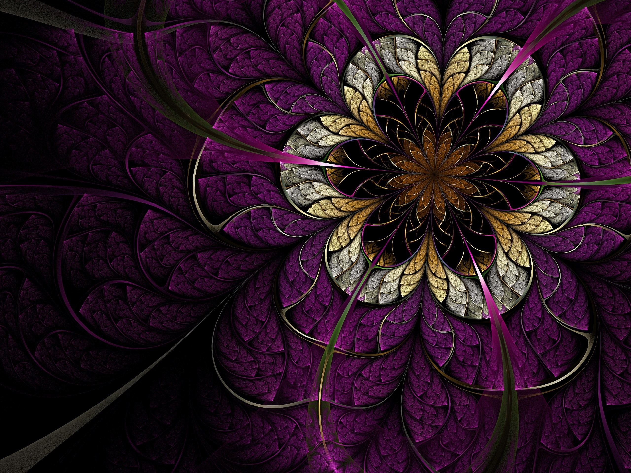 Abstract fractal flower with purple and gold petals HD Wallpaper