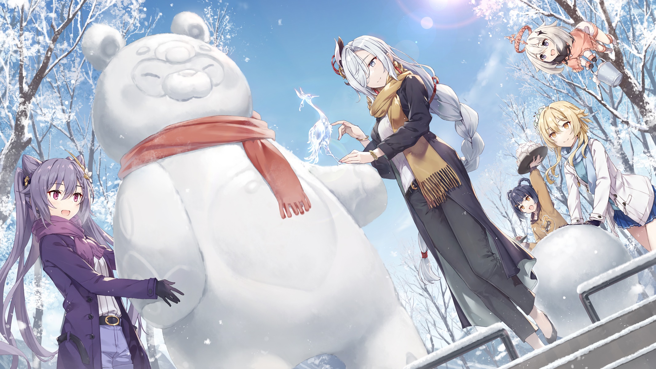 Keqing, Xiangling, Lumine, Shenhe, and Paimon from Genshin Impact building a snowman HD Wallpaper