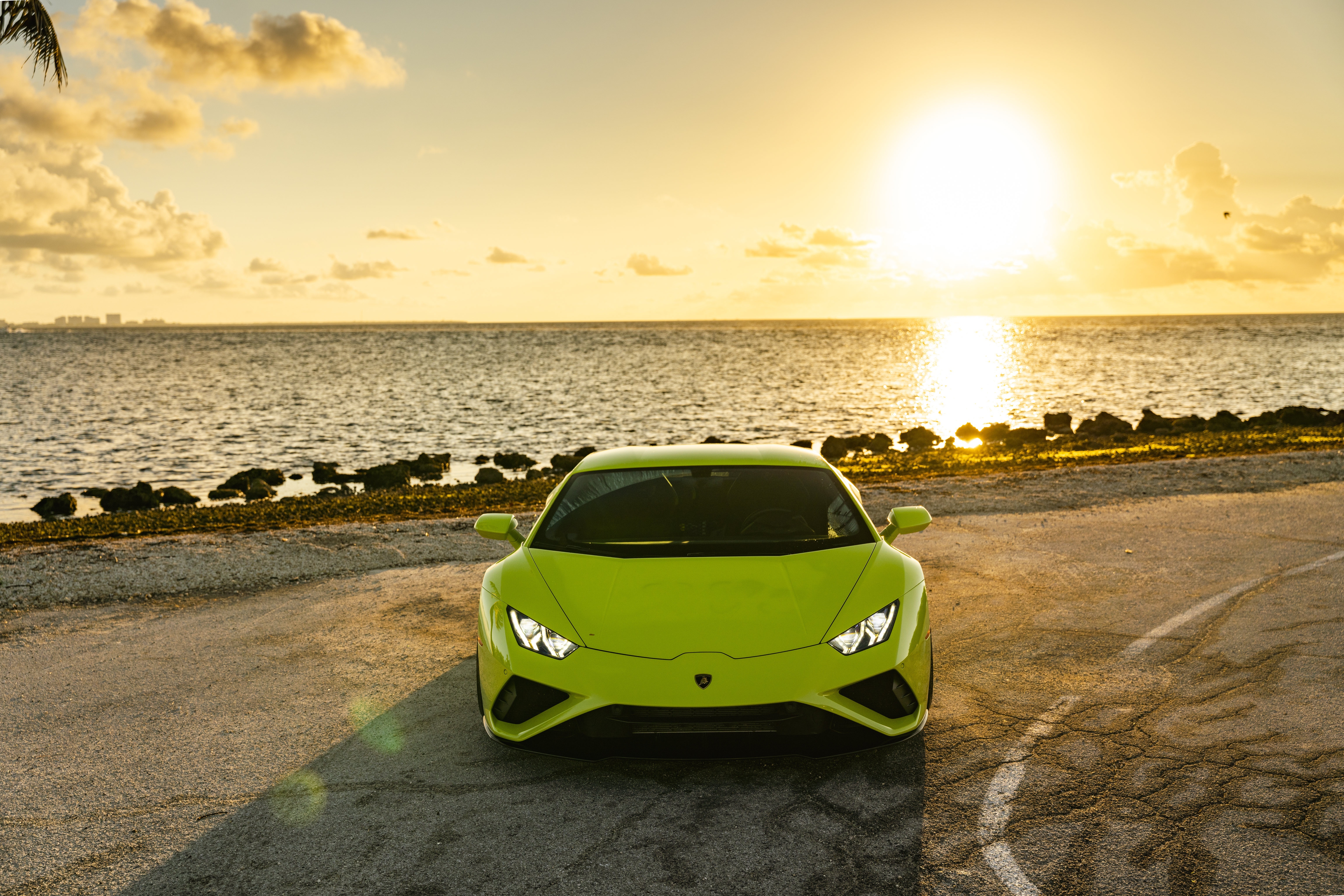 Lime green Lamborghini Huracan Evo 4K by the ocean HD Wallpaper