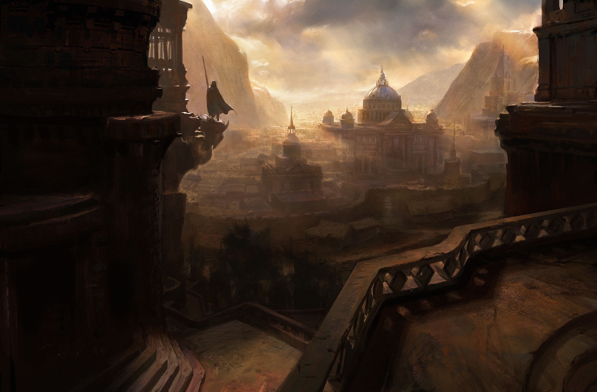 Fantasy city with a lone figure on a balcony HD Wallpaper