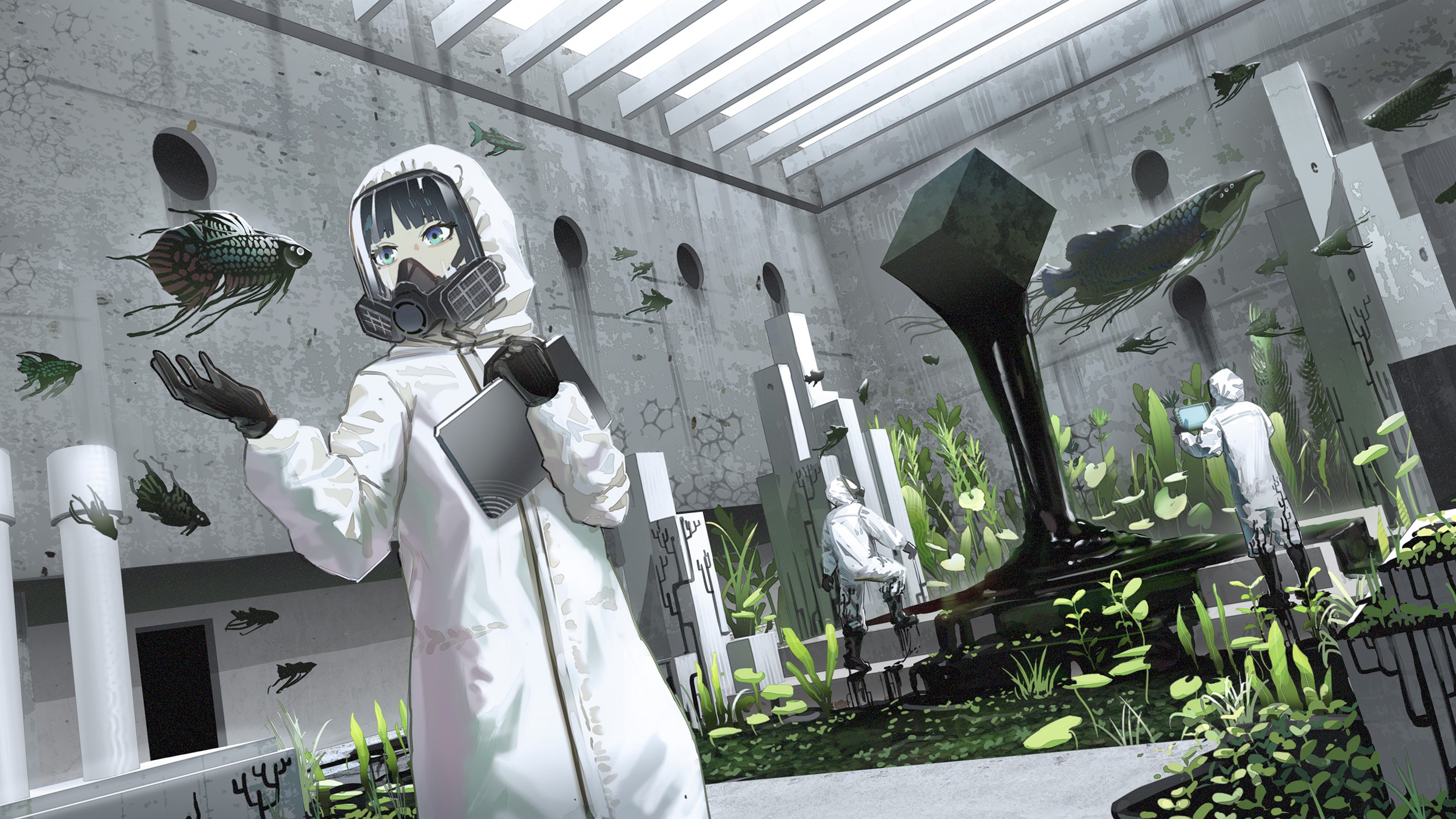 Girl in Hazmat Suit with Fish in Ruined Facility HD Wallpaper