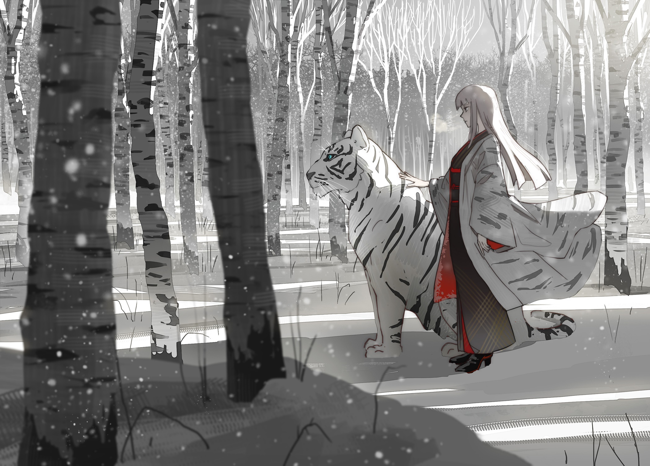 Girl with white tiger in snowy forest HD Wallpaper