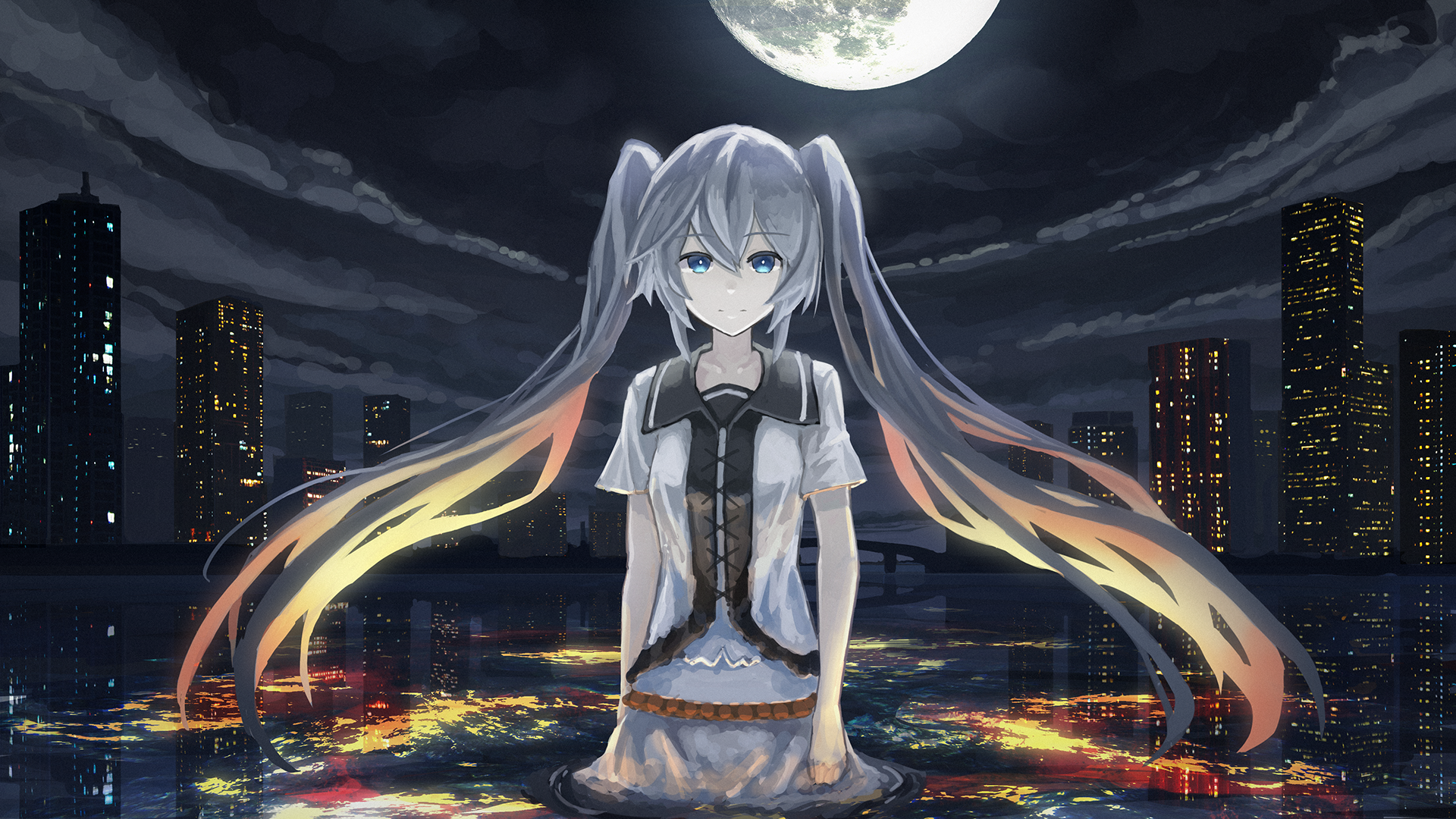 Hatsune Miku in a city at night HD Wallpaper