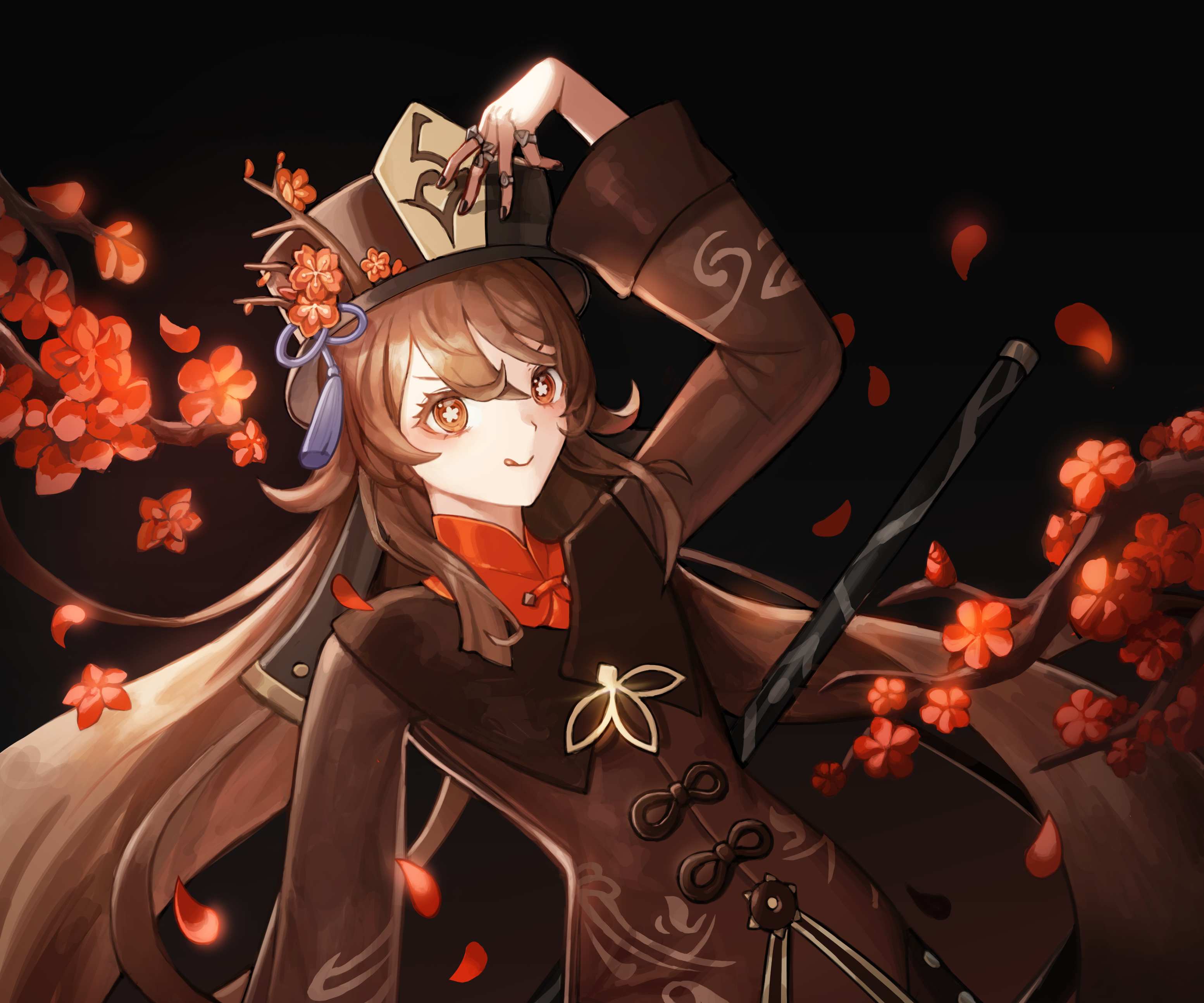 Hu Tao from Genshin Impact with flowers HD Wallpaper