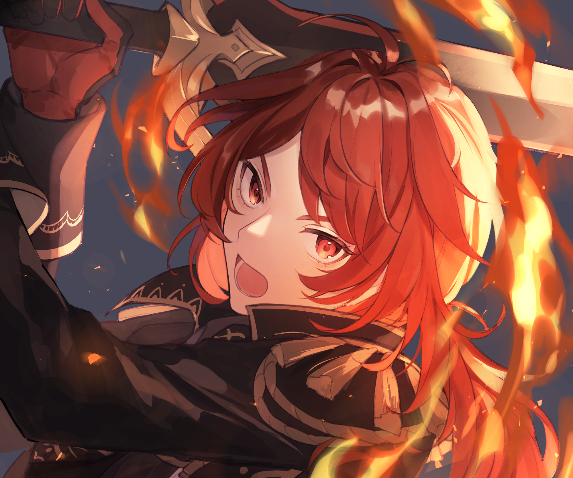 Diluc from Genshin Impact with fire HD Wallpaper