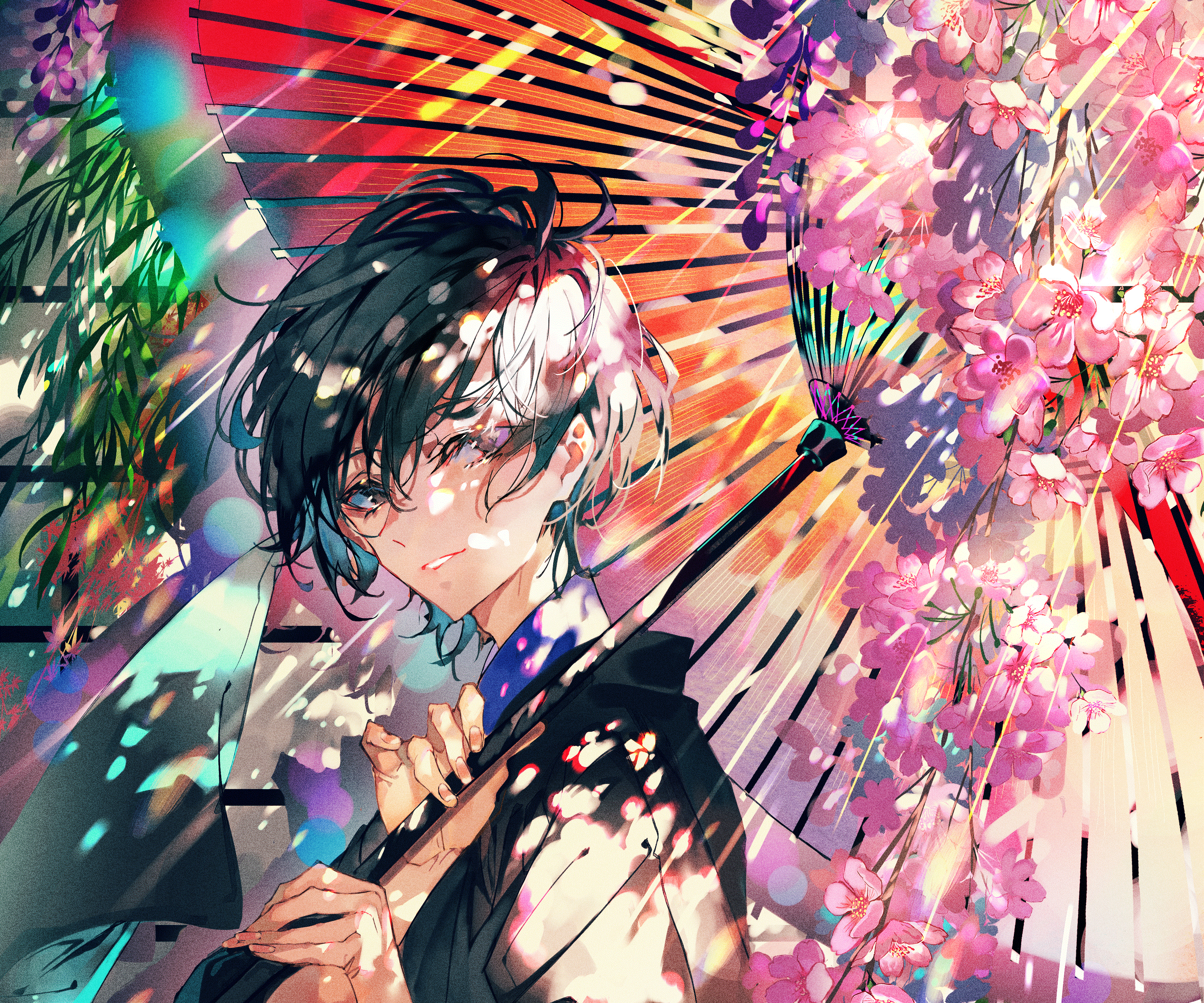 Anime boy with umbrella and cherry blossoms HD Wallpaper