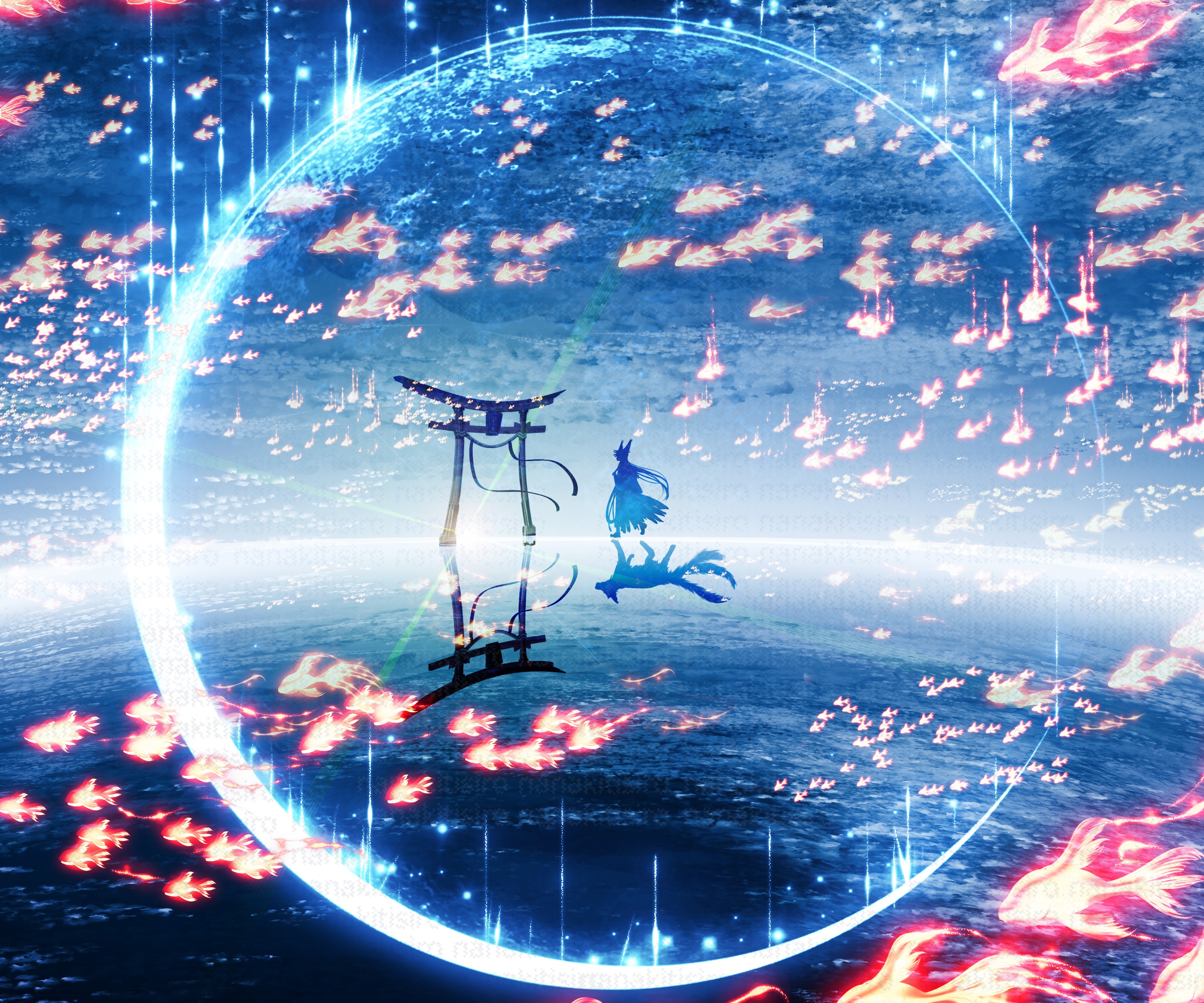 Torii gate with figures and fiery fish in a circular frame HD Wallpaper