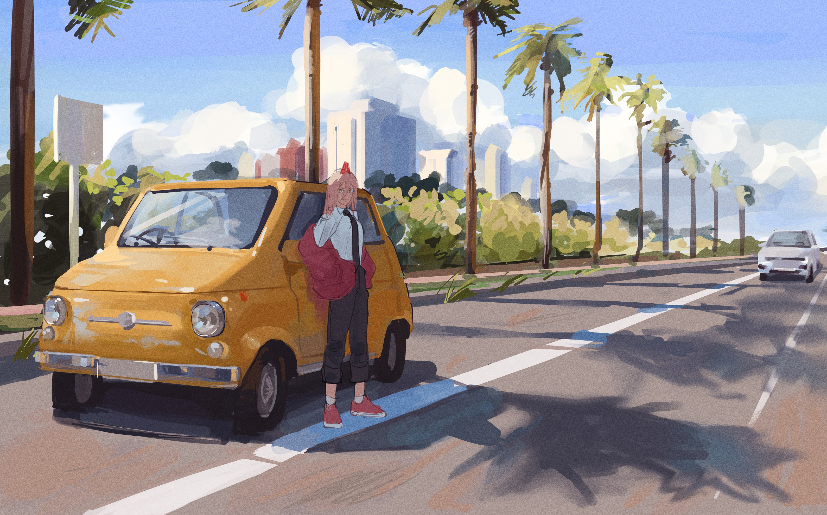 Power from Chainsaw Man leaning on a car HD Wallpaper