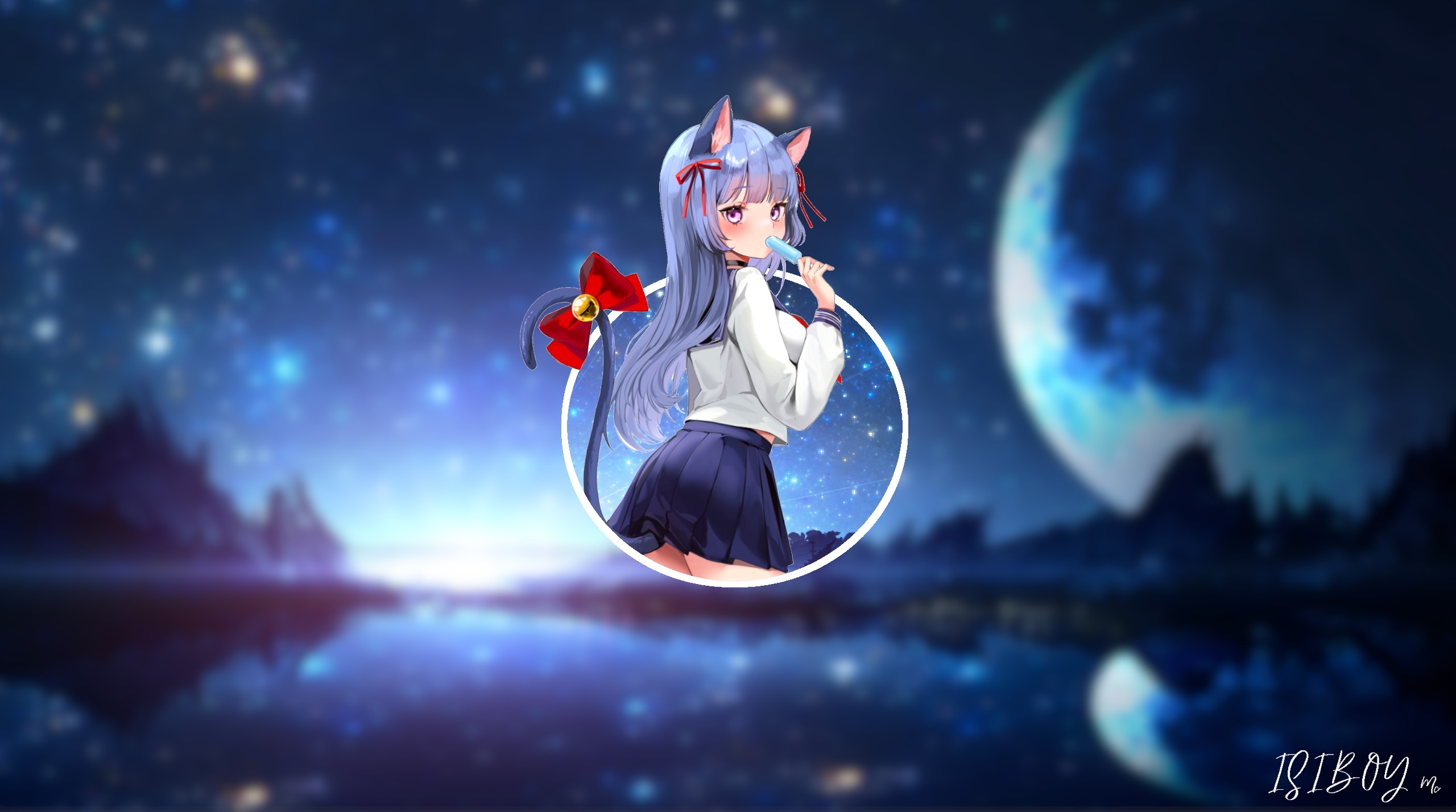 Anime girl with cat ears eating ice cream HD Wallpaper