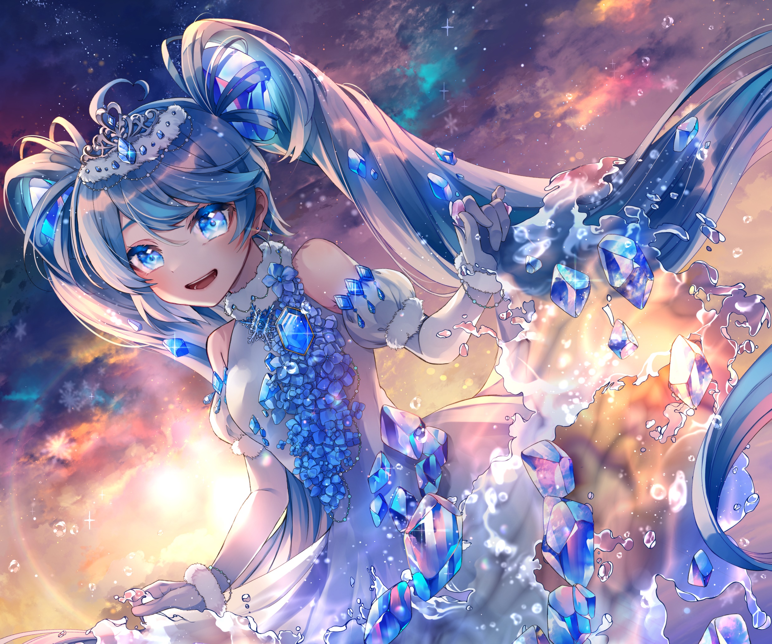 Hatsune Miku with Blue Crystals and Water HD Wallpaper