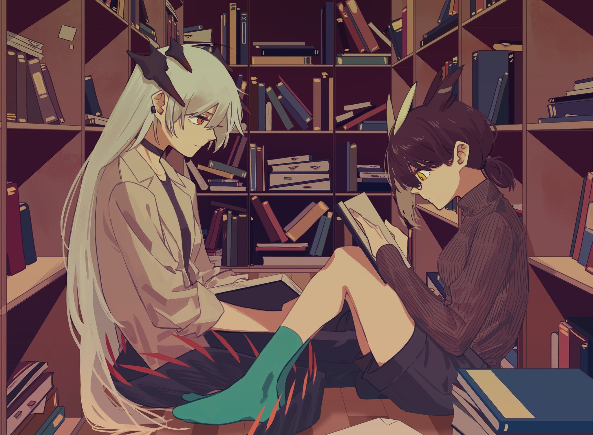 Silence and Saria from Arknights in a library HD Wallpaper