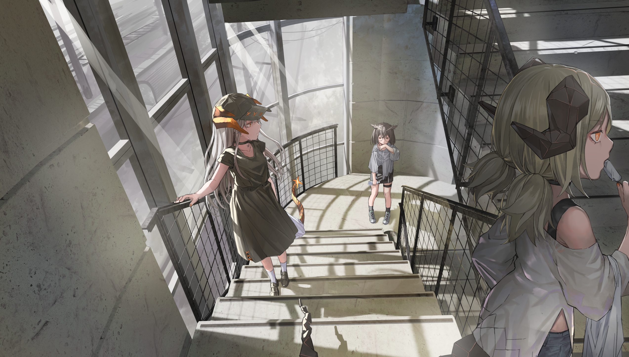 Arknights characters on a staircase HD Wallpaper