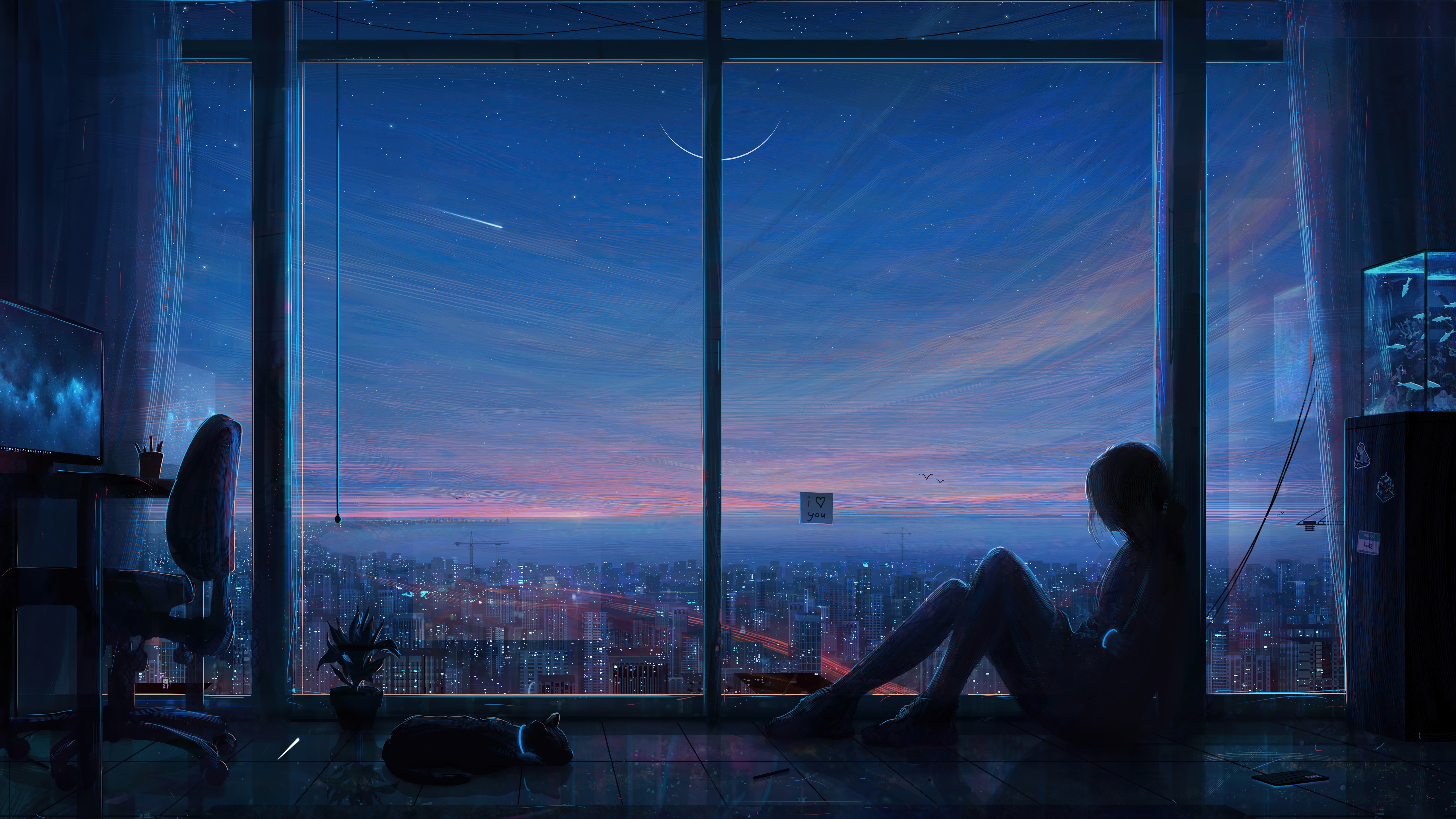 Woman and Cat Overlooking Cityscape at Night HD Wallpaper