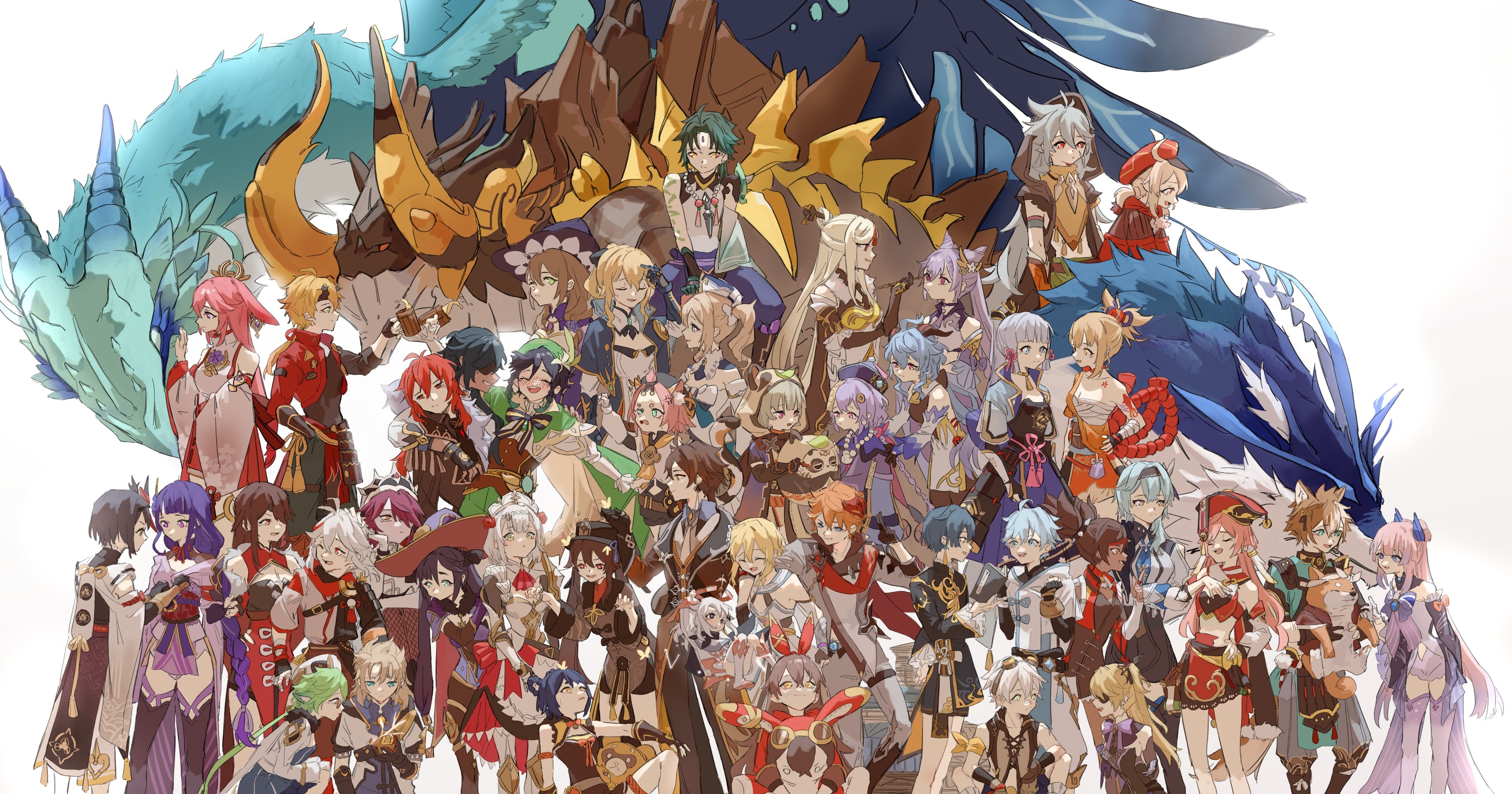 Genshin Impact characters with dragons HD Wallpaper