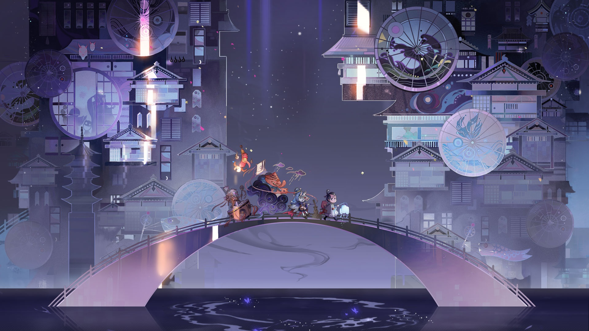 Onmyoji characters on a bridge at night HD Wallpaper
