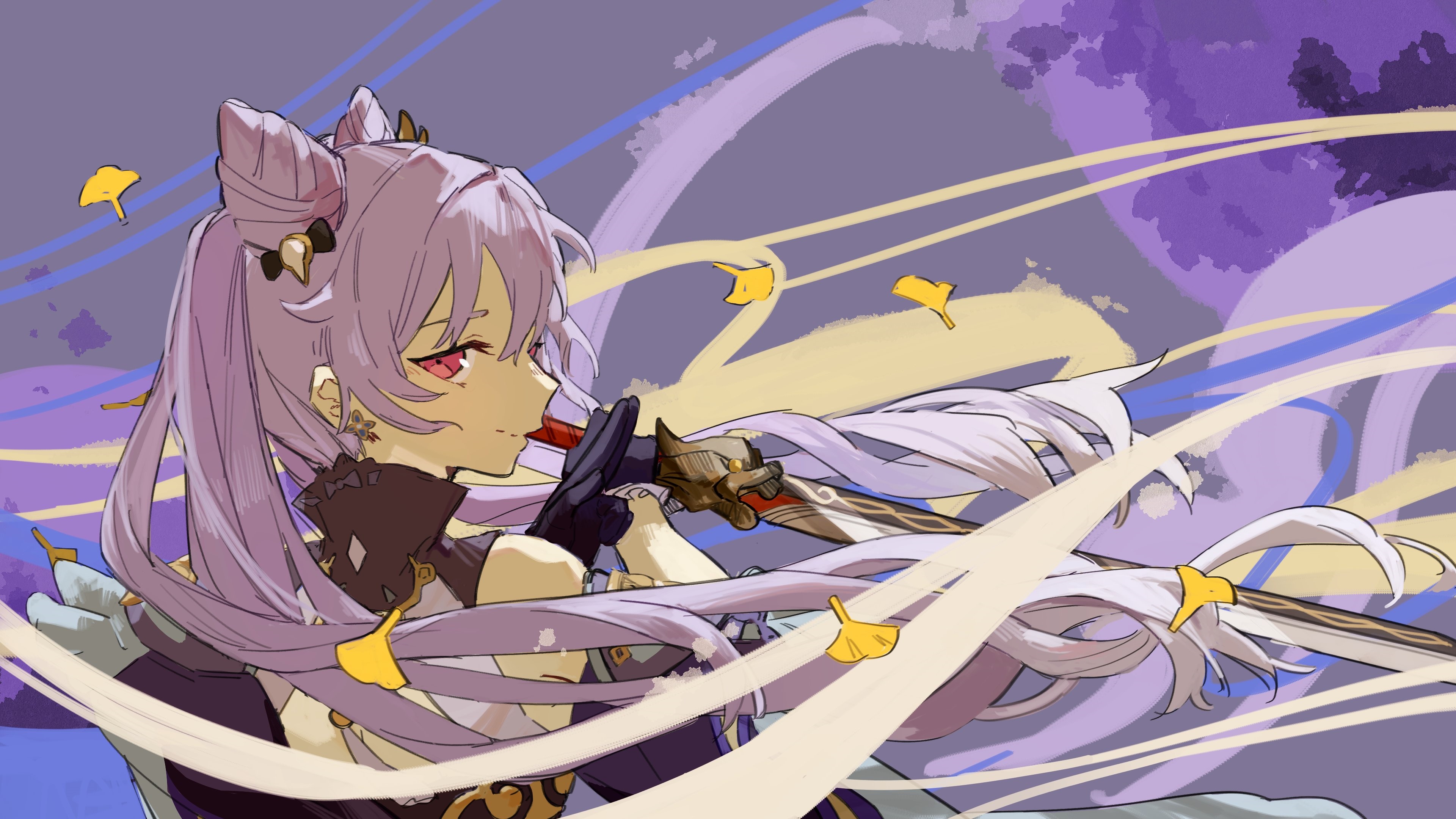Keqing from Genshin Impact with sword and purple background HD Wallpaper
