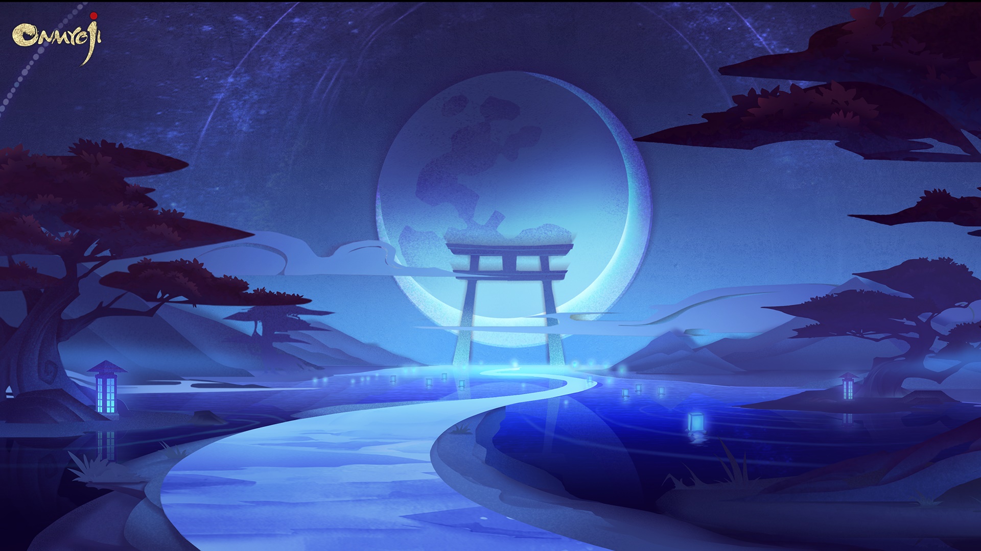 Onmyoji Torii Gate under a Large Moon HD Wallpaper