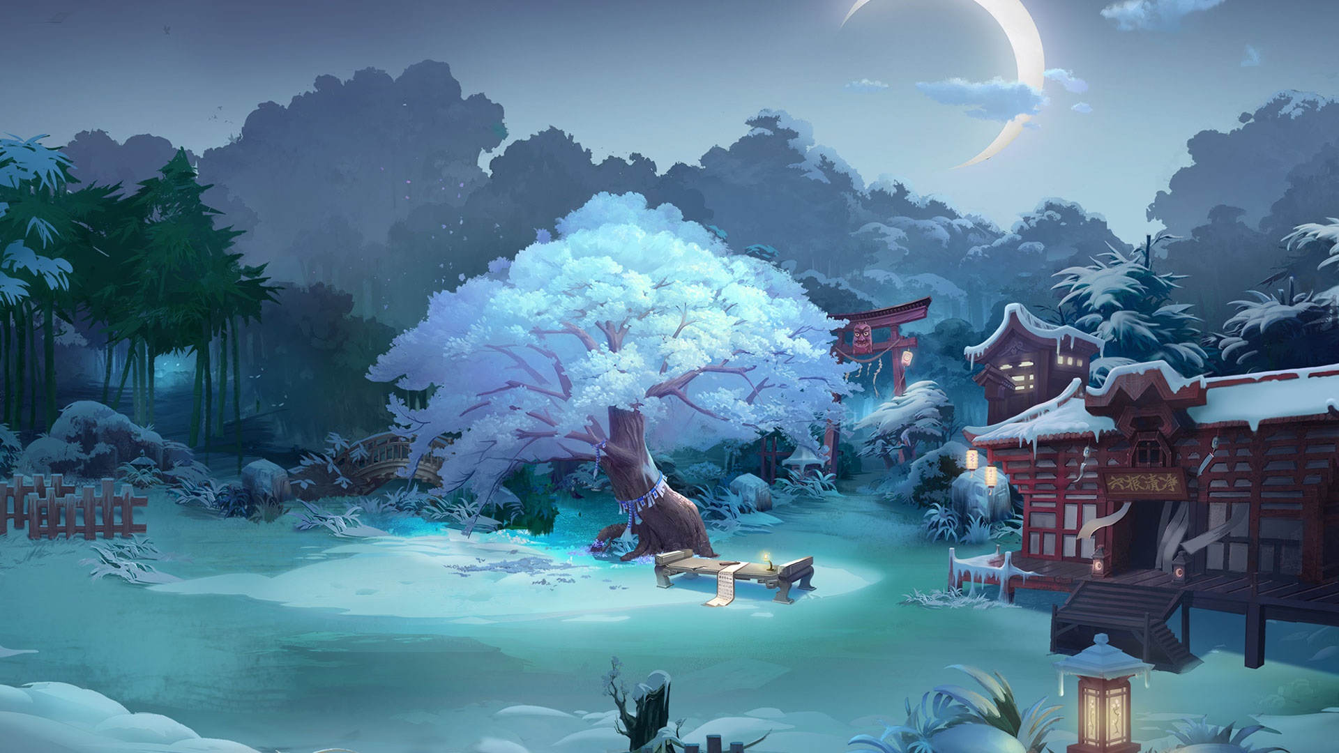 Onmyoji Winter Scene with Cherry Blossom Tree HD Wallpaper