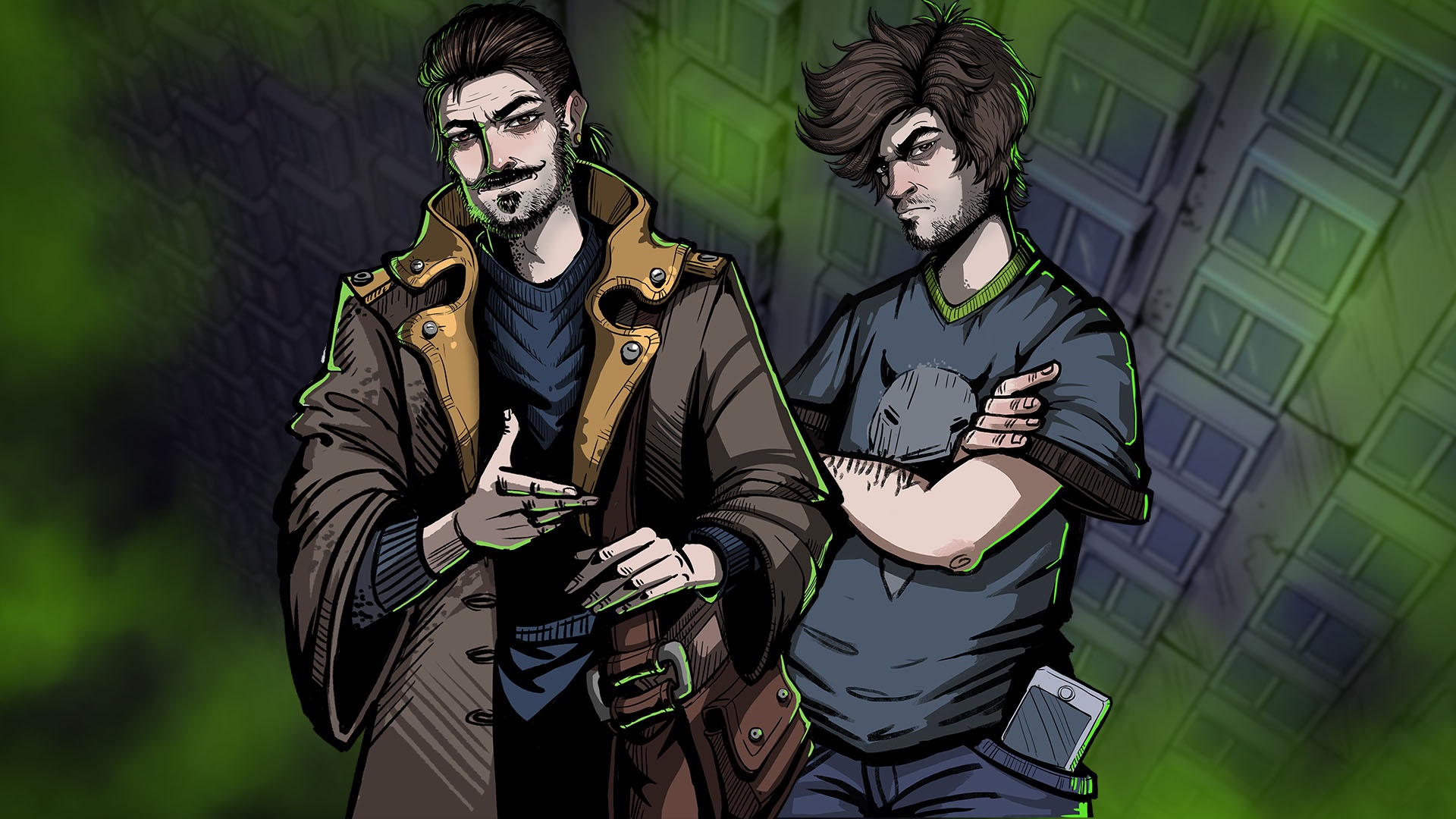 Two men in a stylized urban environment HD Wallpaper
