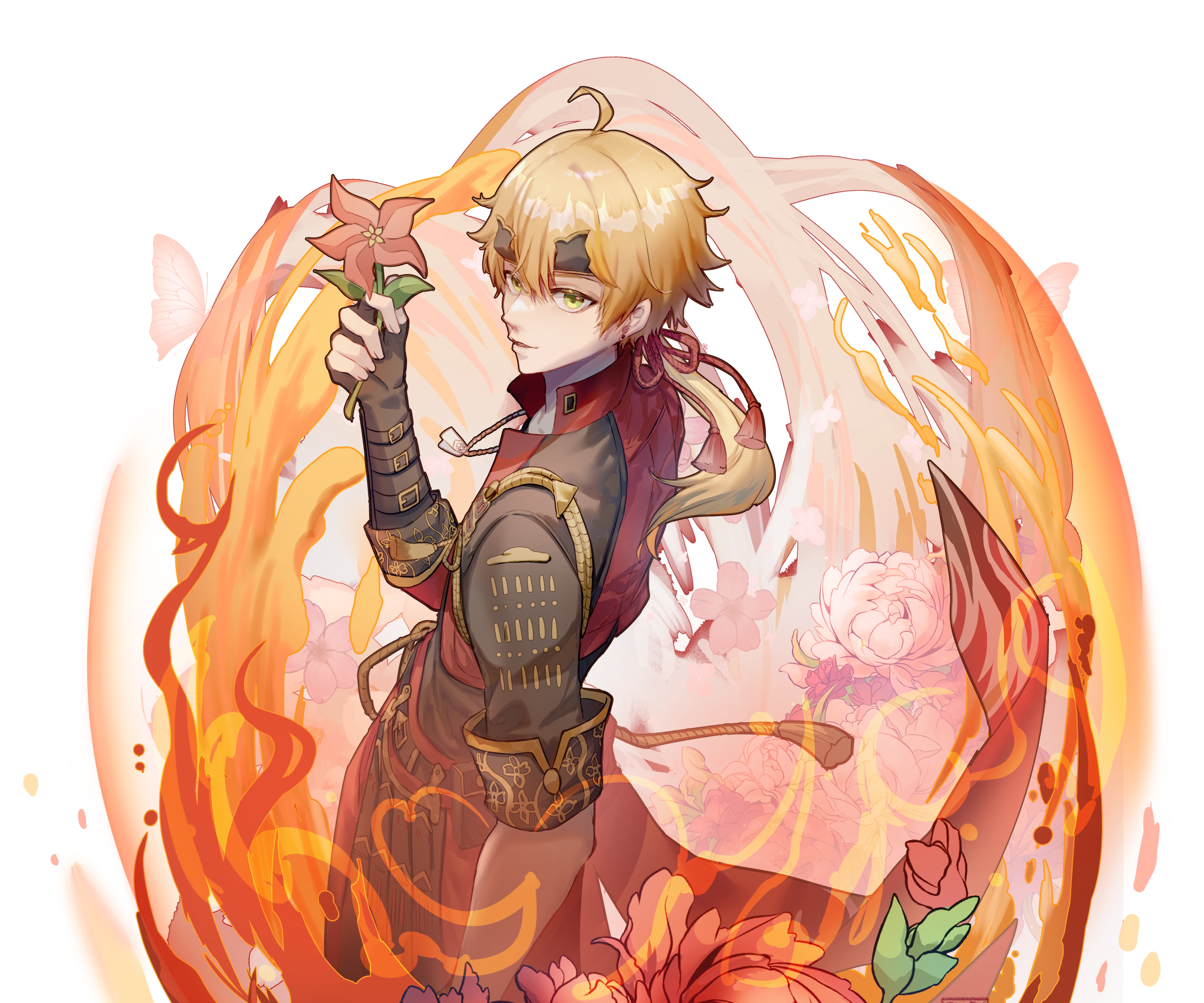 Thoma from Genshin Impact holding a flower HD Wallpaper