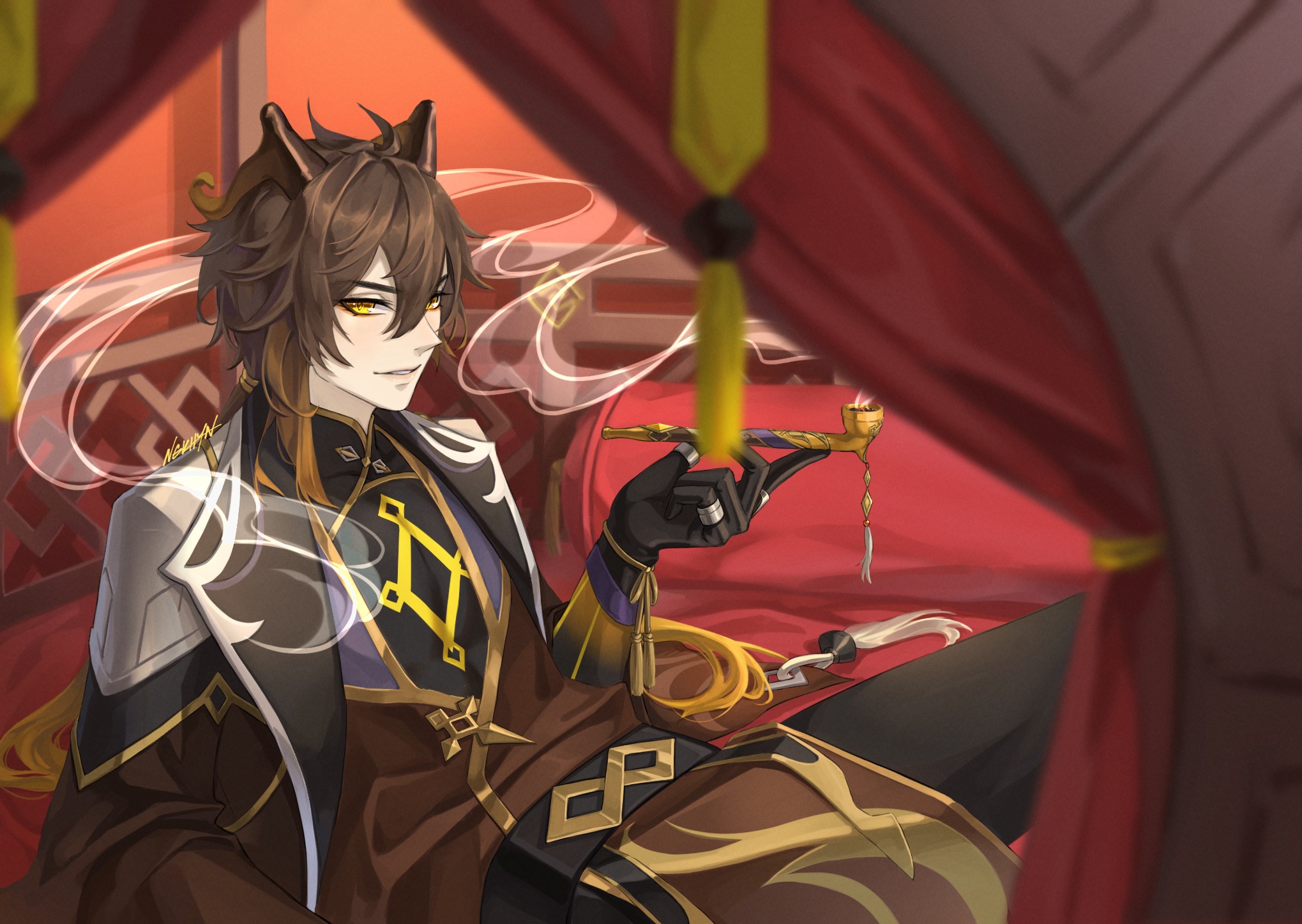 Zhongli from Genshin Impact smoking a pipe HD Wallpaper