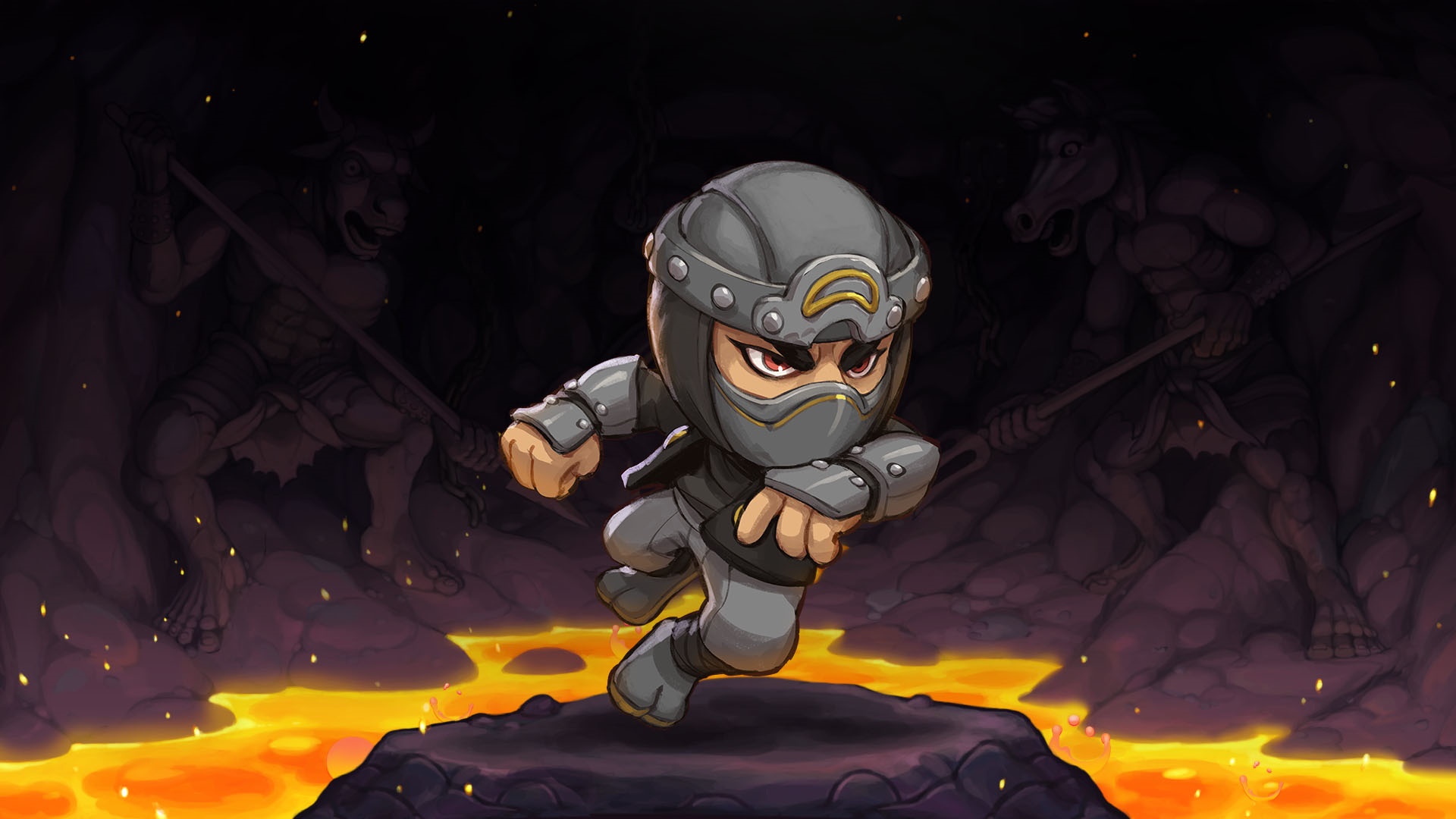 Ninja running through a cave with lava and monsters HD Wallpaper