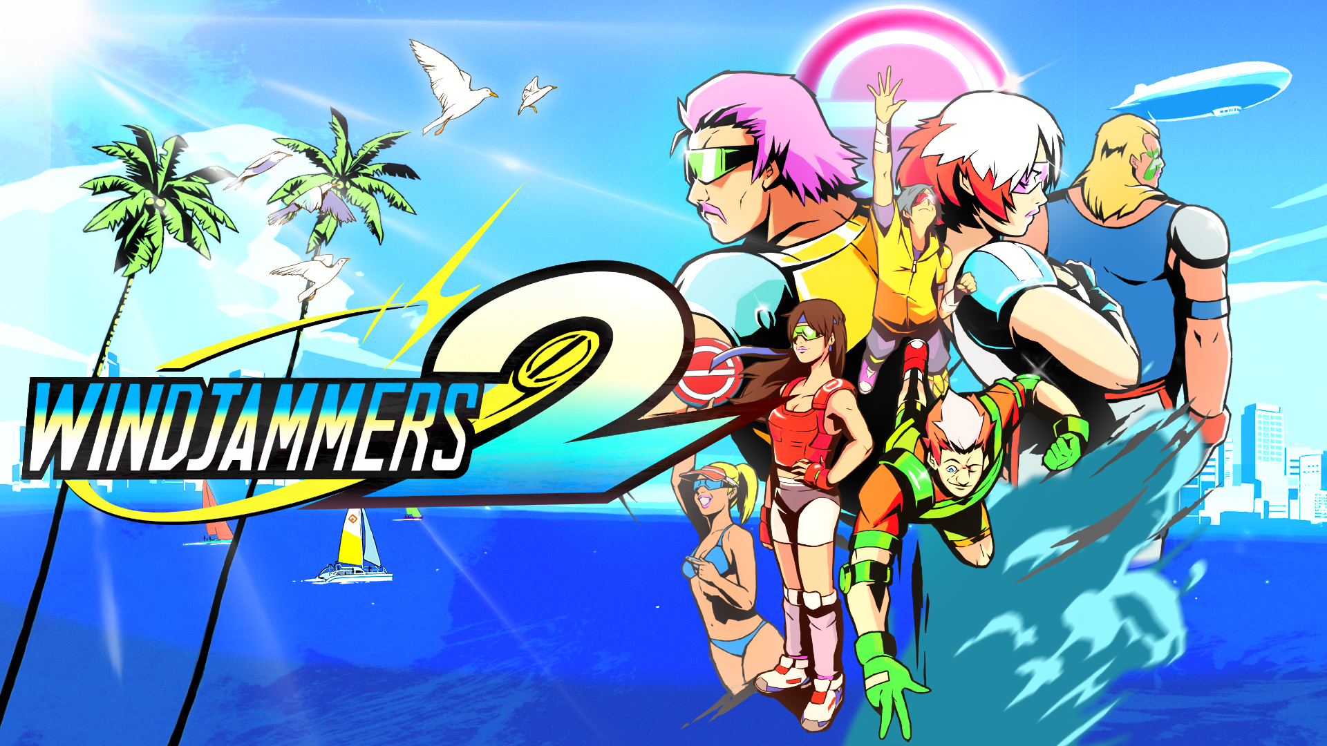 Windjammers 2 characters on a beach with sailboats HD Wallpaper