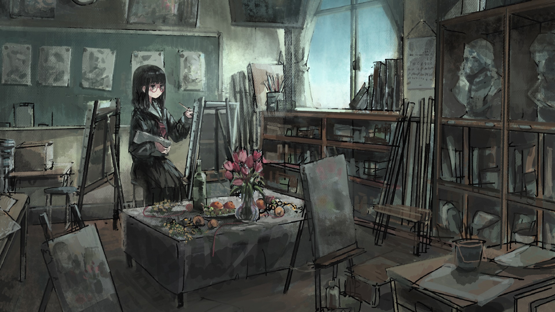 Girl painting in an art studio HD Wallpaper
