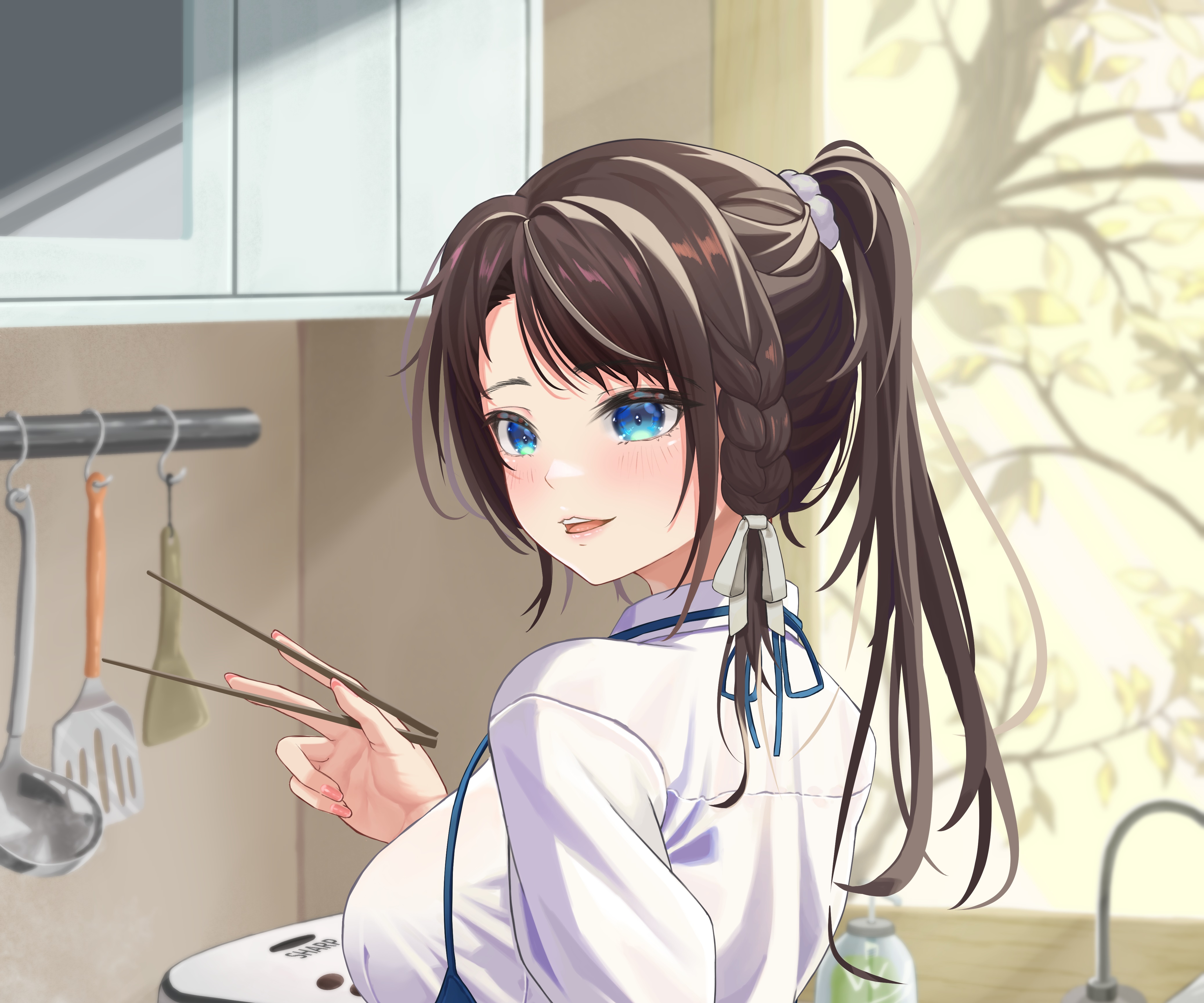 Anime girl with blue eyes in a kitchen HD Wallpaper