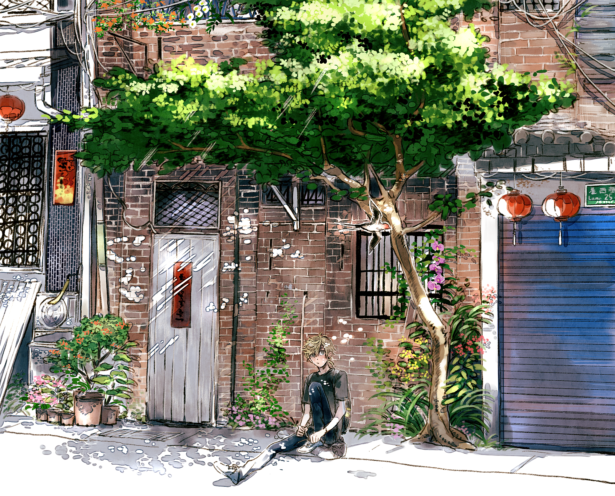 Boy sitting under a tree in an alley HD Wallpaper