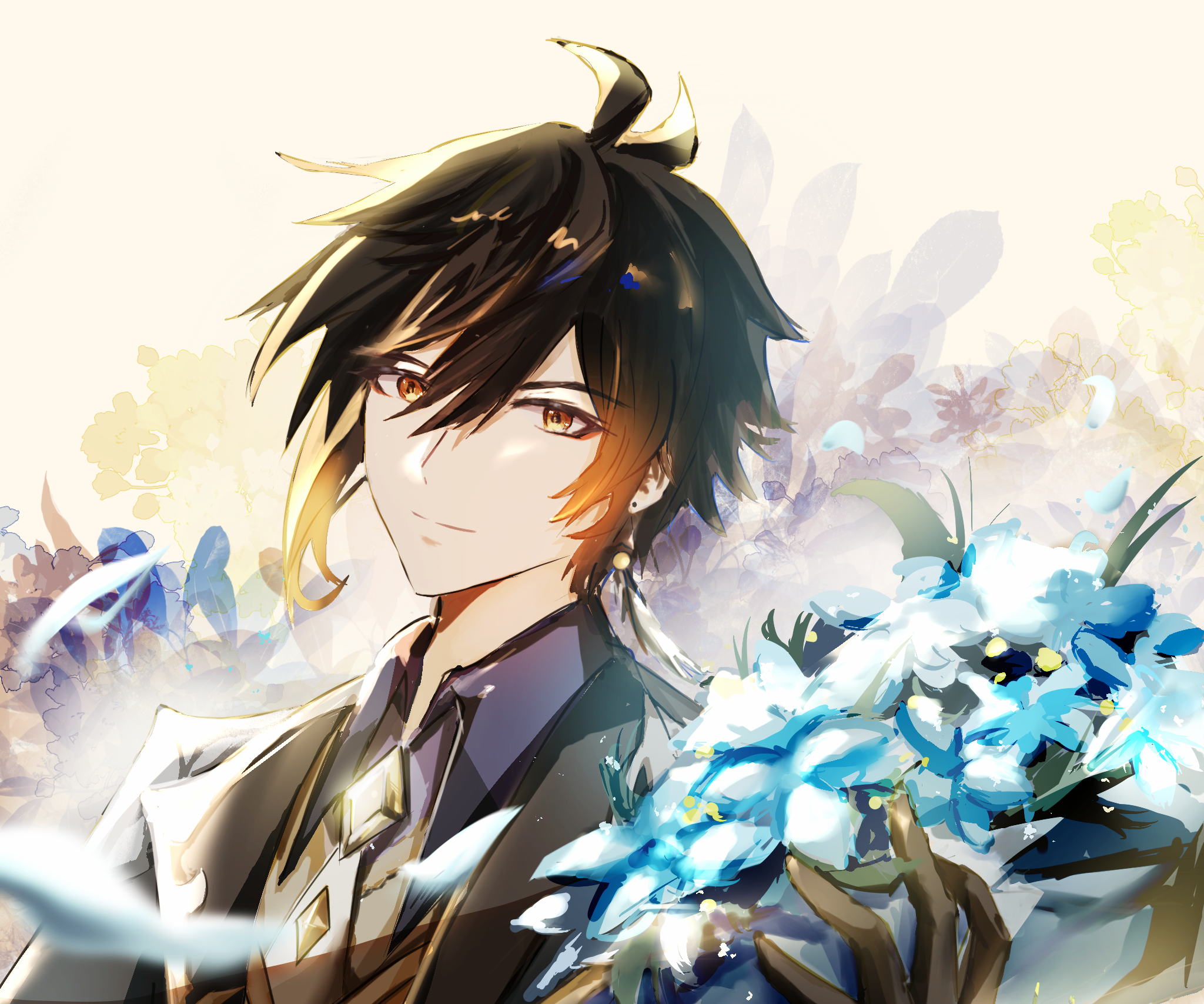 Zhongli from Genshin Impact with blue flowers HD Wallpaper