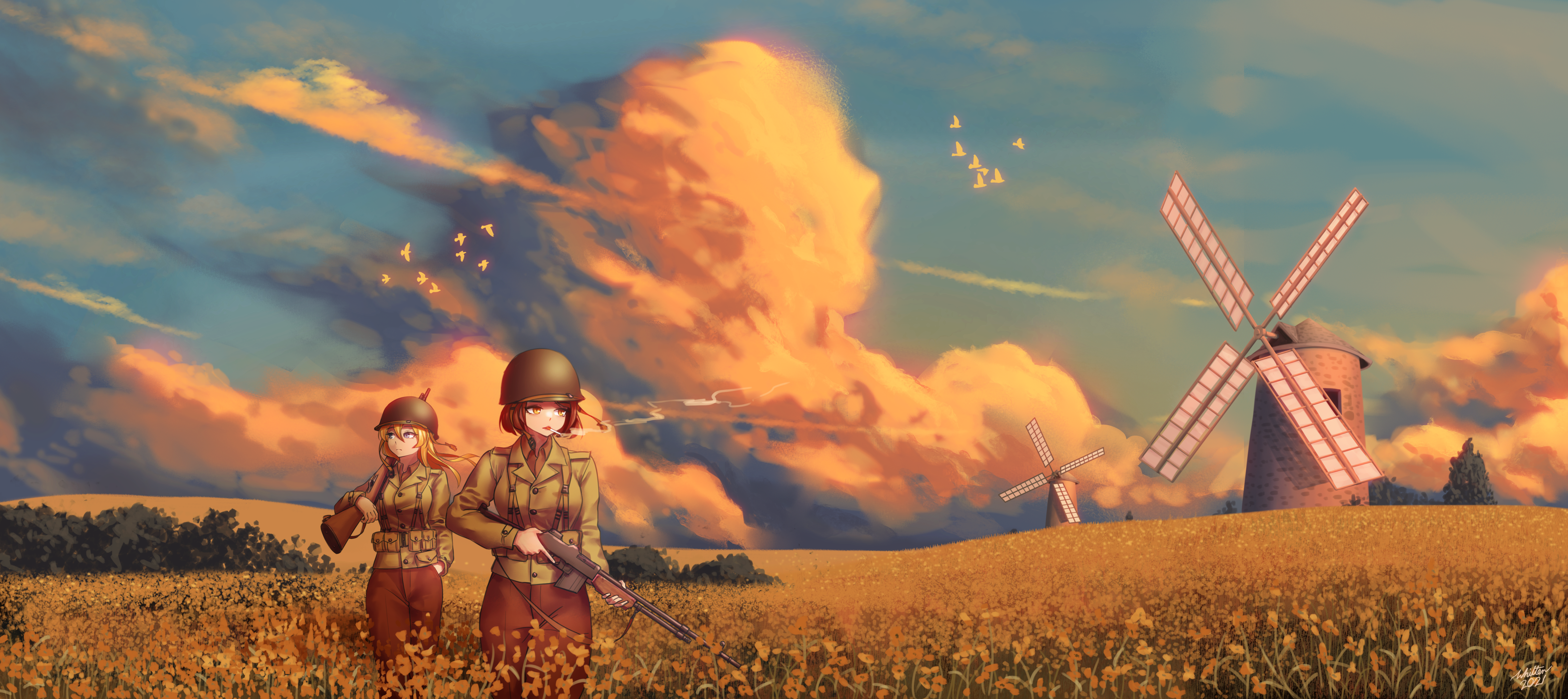 Girls Frontline 4K: Two soldiers in a field with windmills HD Wallpaper
