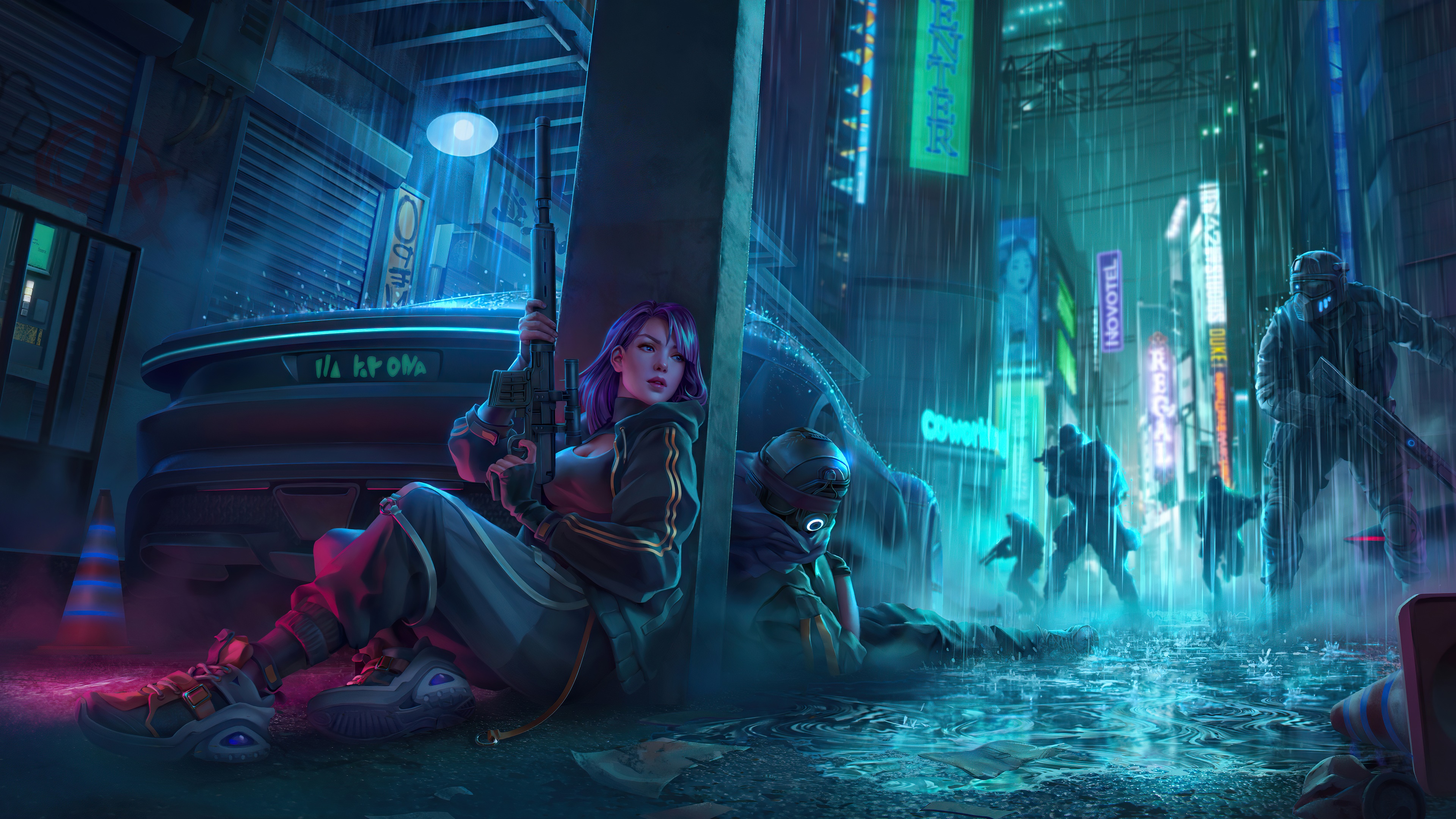 Woman Warrior in Sci-Fi Cyberpunk Alley 4K HD Wallpaper