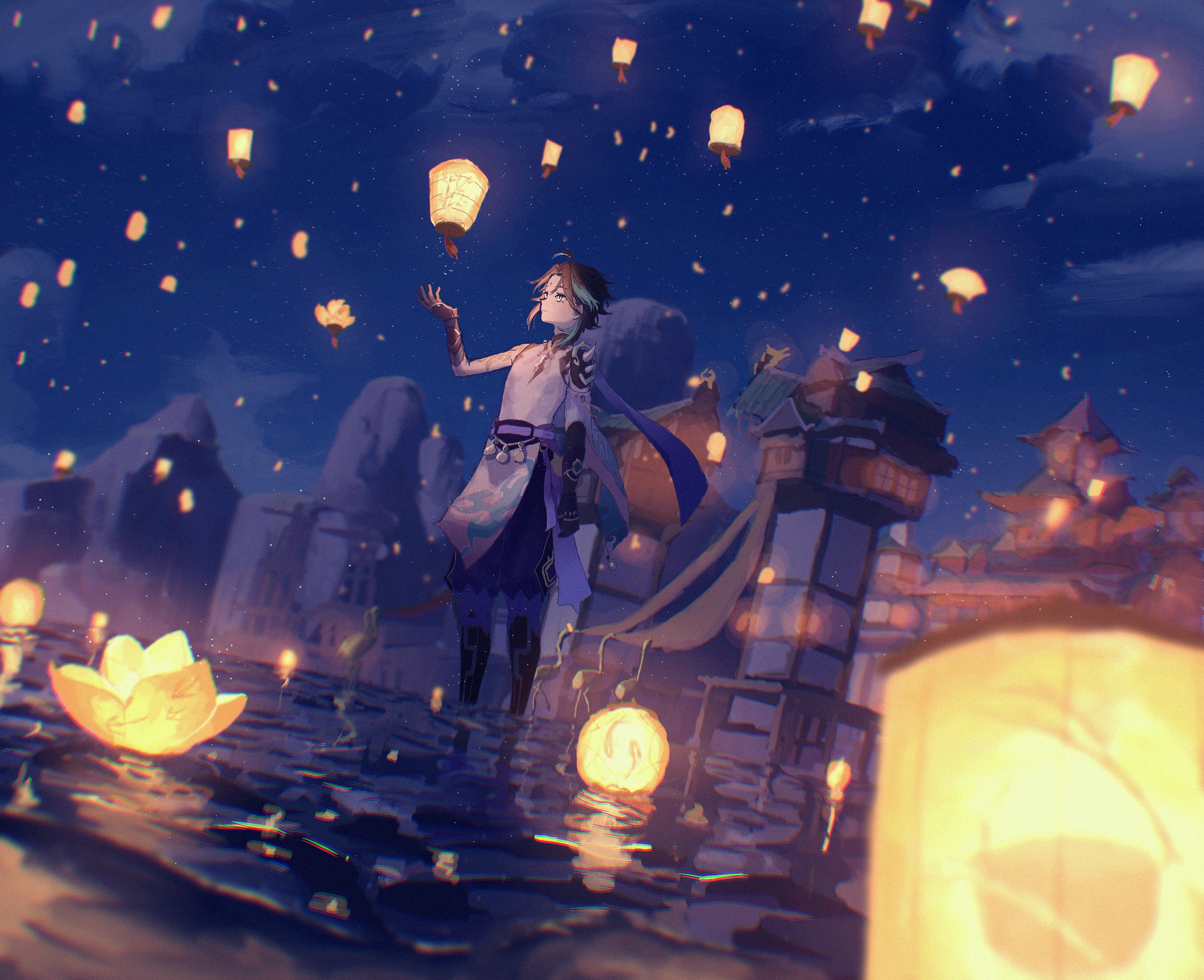 Xiao from Genshin Impact releasing lanterns HD Wallpaper