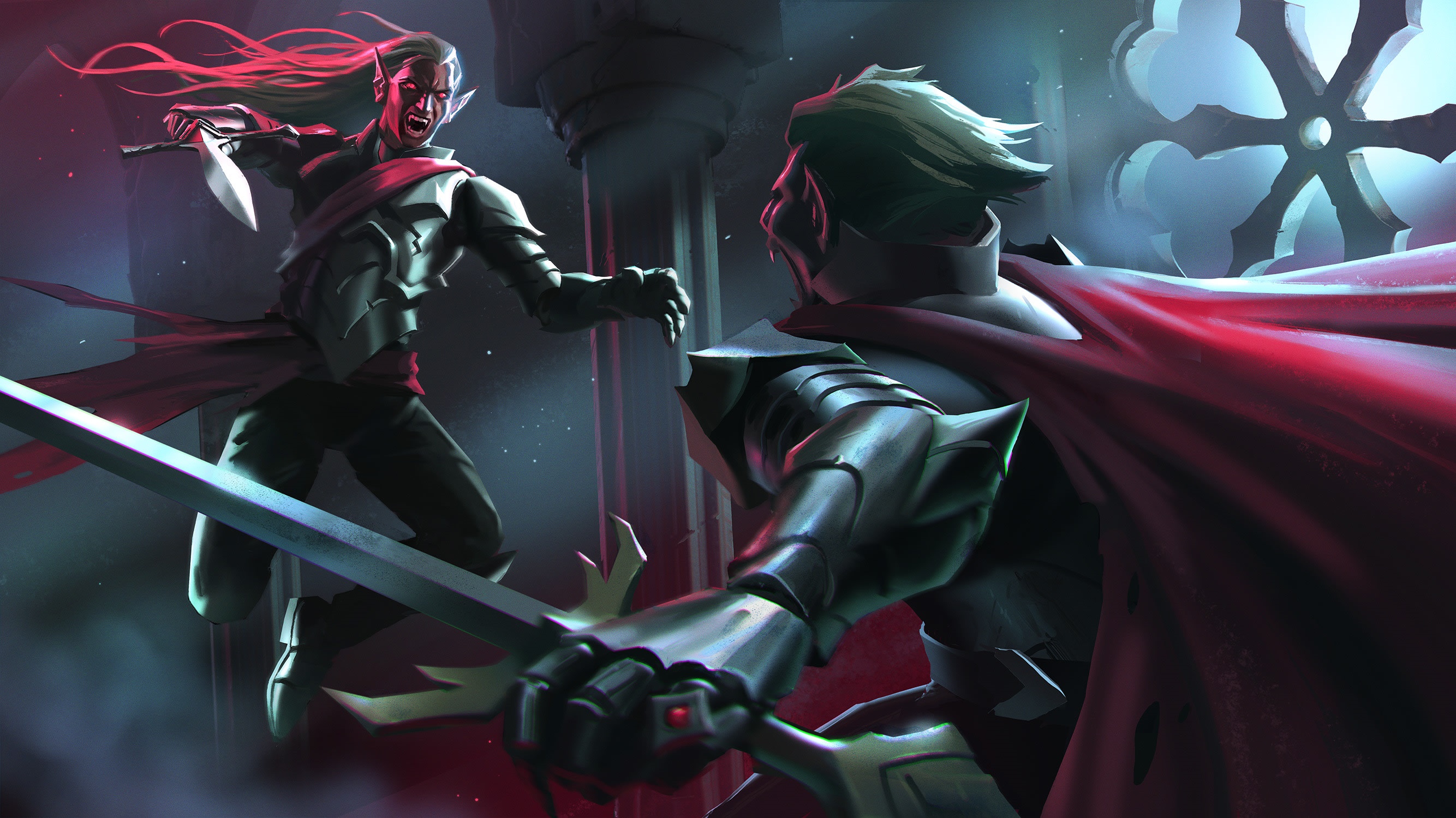 V Rising: Two armored figures in combat HD Wallpaper