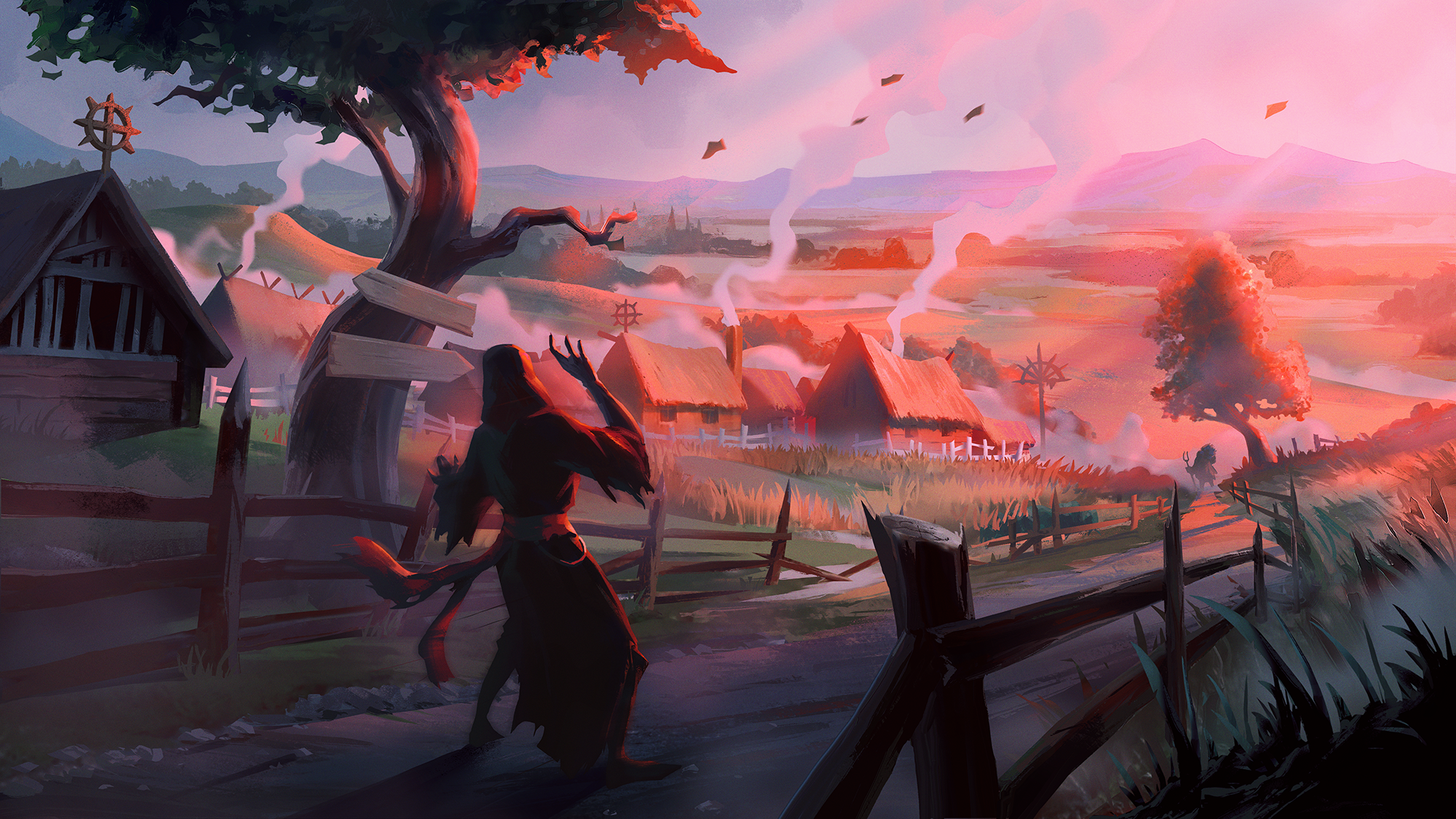 V Rising character in a village at sunrise HD Wallpaper